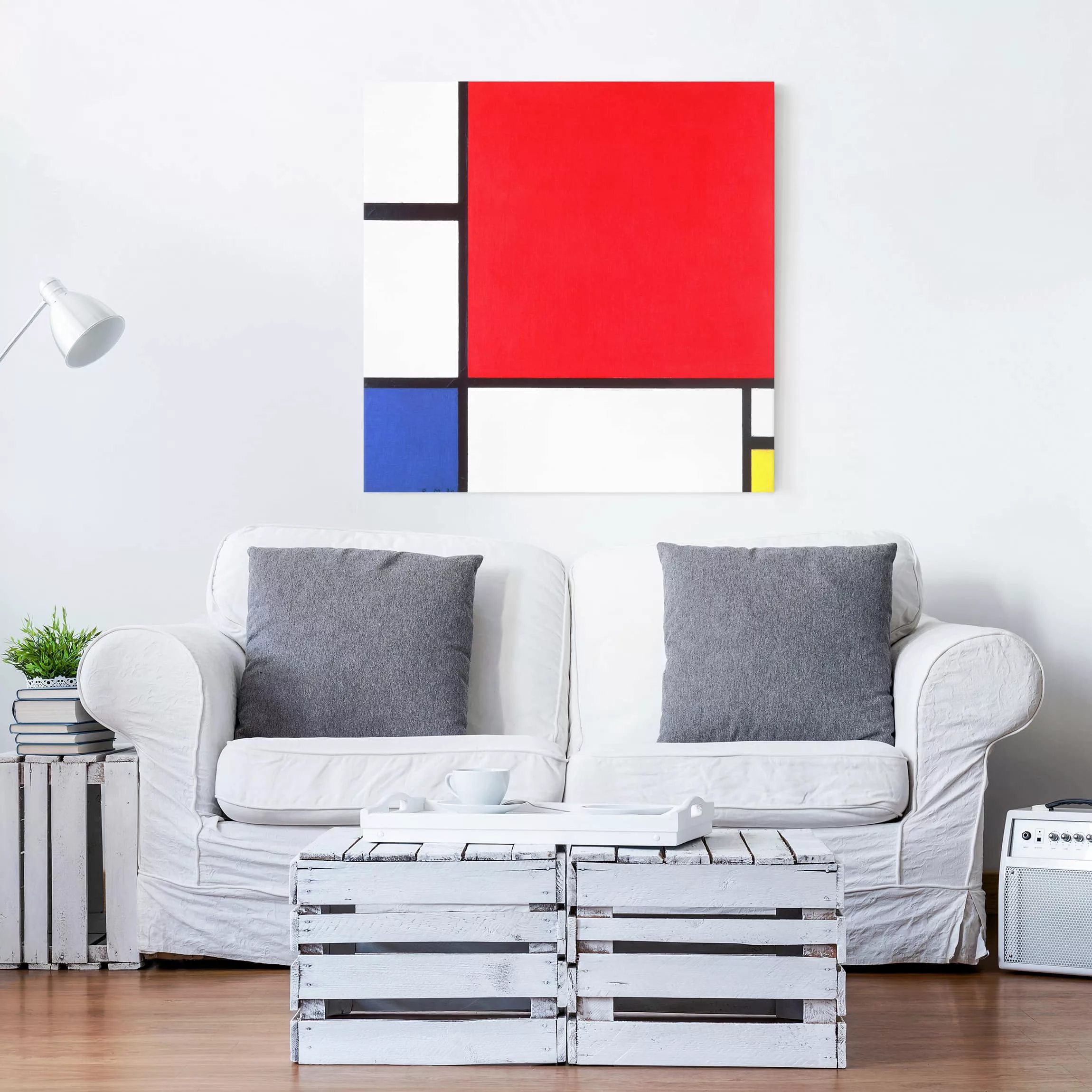 Leinwandbild Kunstdruck - Quadrat Piet Mondrian - Komposition Rot Blau Gelb günstig online kaufen