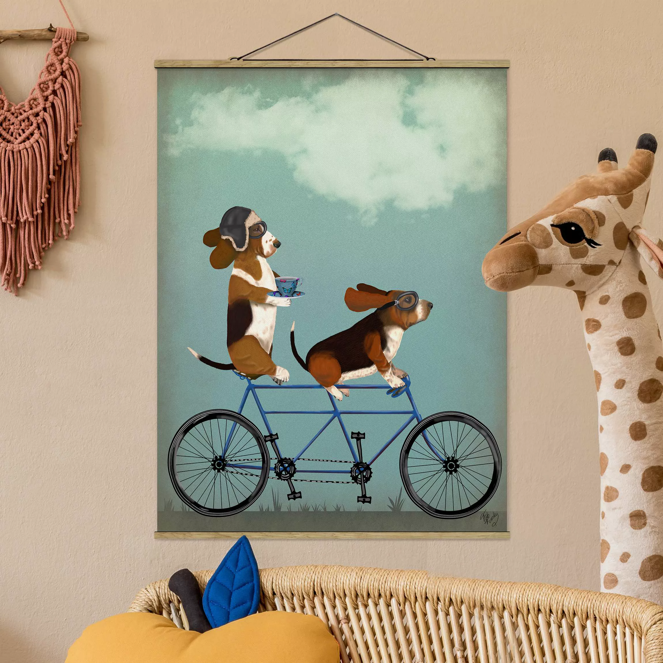 Stoffbild Tiere mit Posterleisten - Hochformat Radtour - Bassets Tandem günstig online kaufen