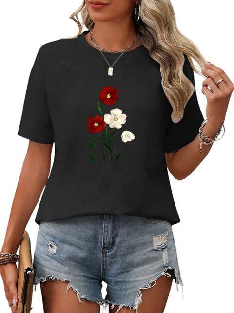 PYL Kurzarmshirt Damen Sommer Casual T-Shirt mit Blumen Print Tee günstig online kaufen