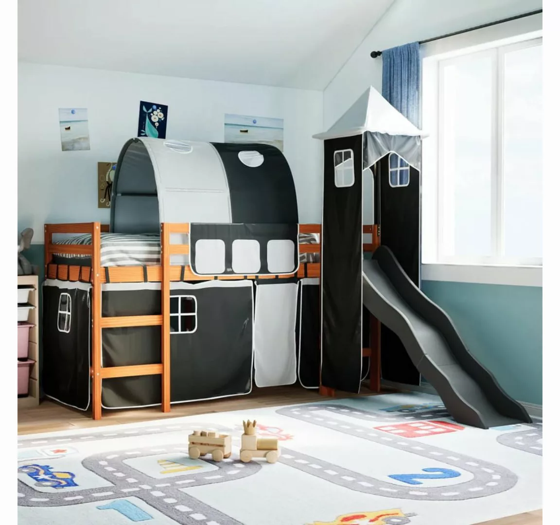 vidaXL Bett, Kinderhochbett mit Turm Weiß & Schwarz 90x200 cm Kiefernholz günstig online kaufen