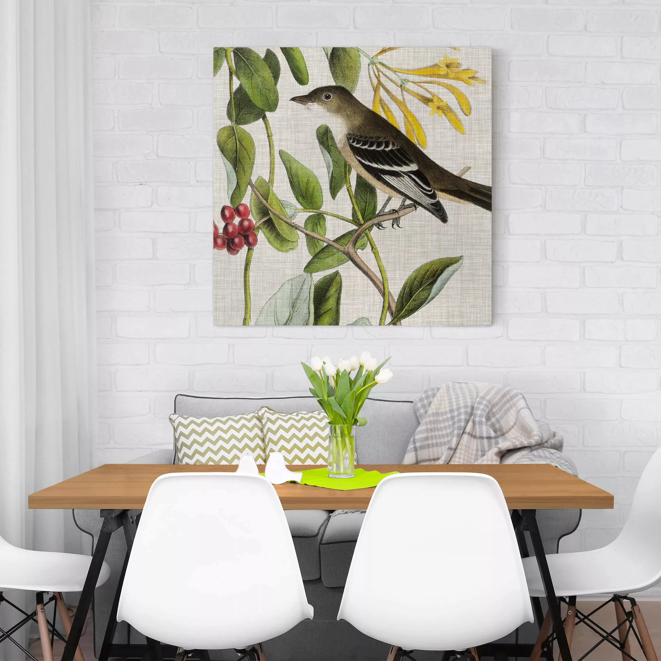 Leinwandbild Blumen - Quadrat Vogel auf Leinen Gelb II günstig online kaufen