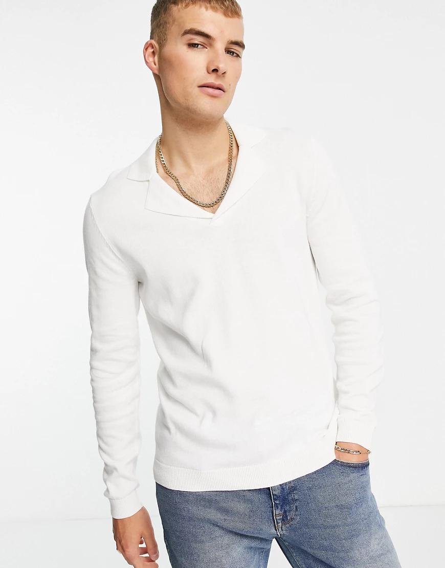 ASOS DESIGN – Polo-Strickpullover aus Baumwolle in Weiß mit Reverskragen günstig online kaufen