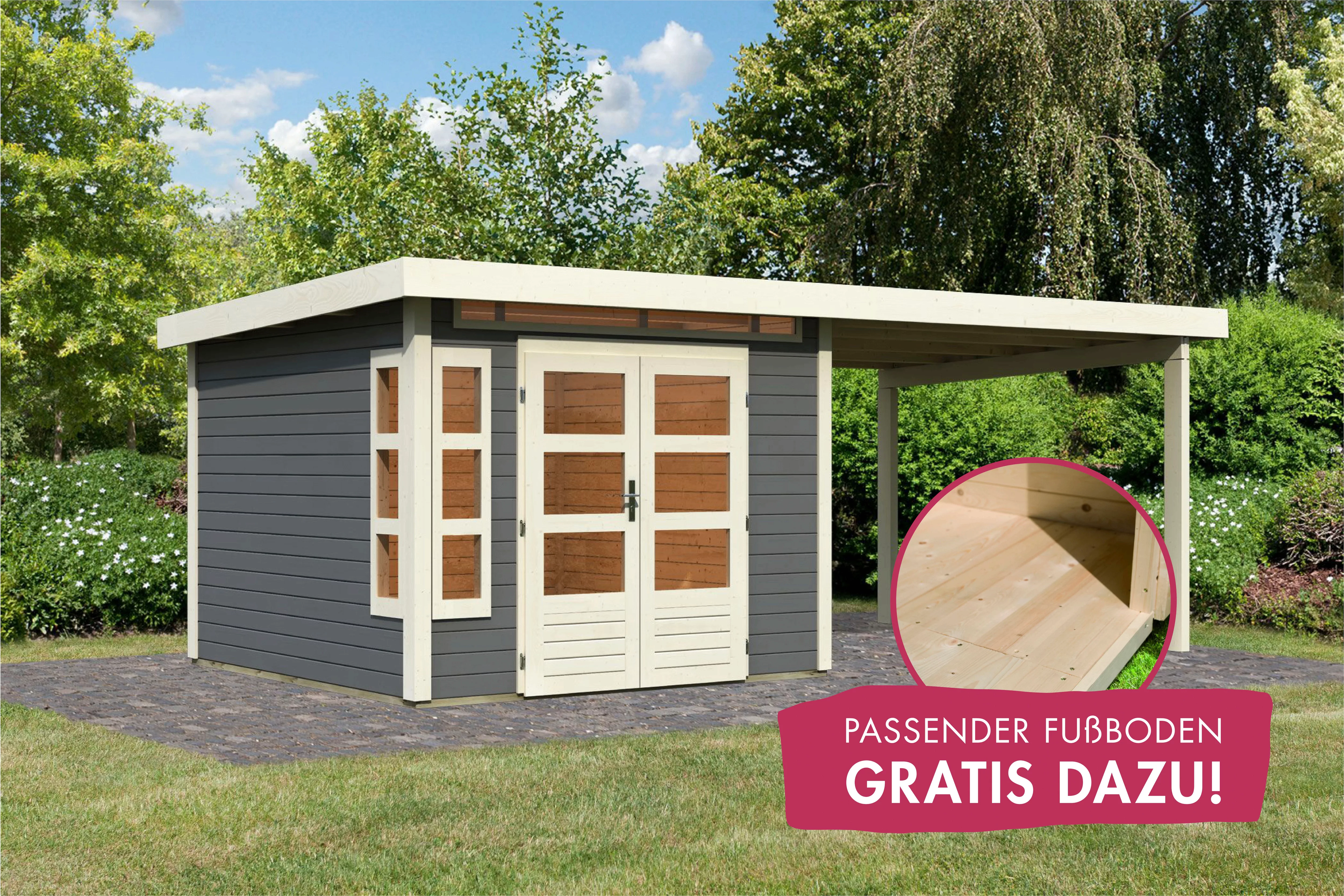 Karibu Gartenhaus "Kolimasee 6", (Set), mit Anbaudach 3,2 m, terragrau günstig online kaufen