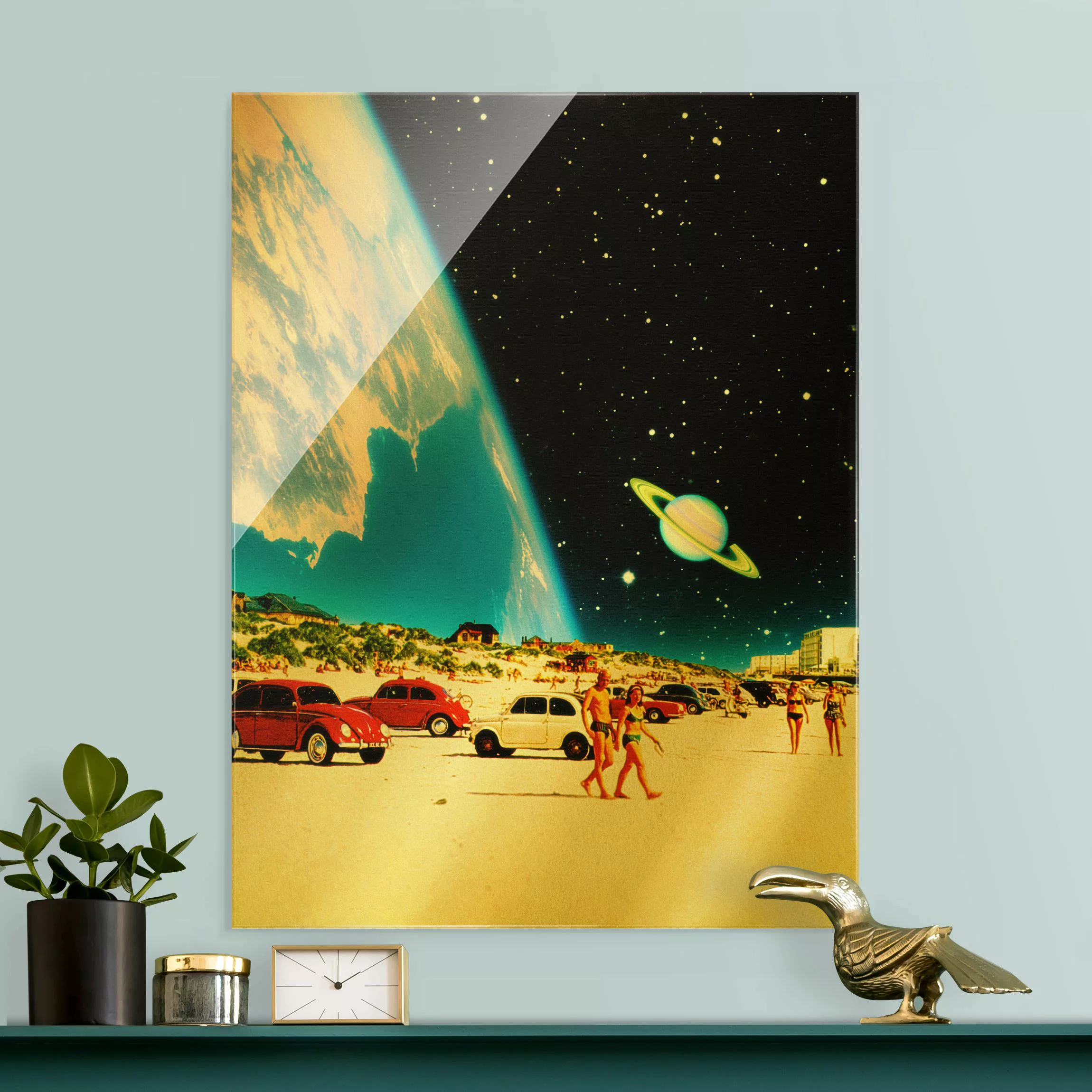 Glasbild Retro Collage - Galaktischer Strand günstig online kaufen