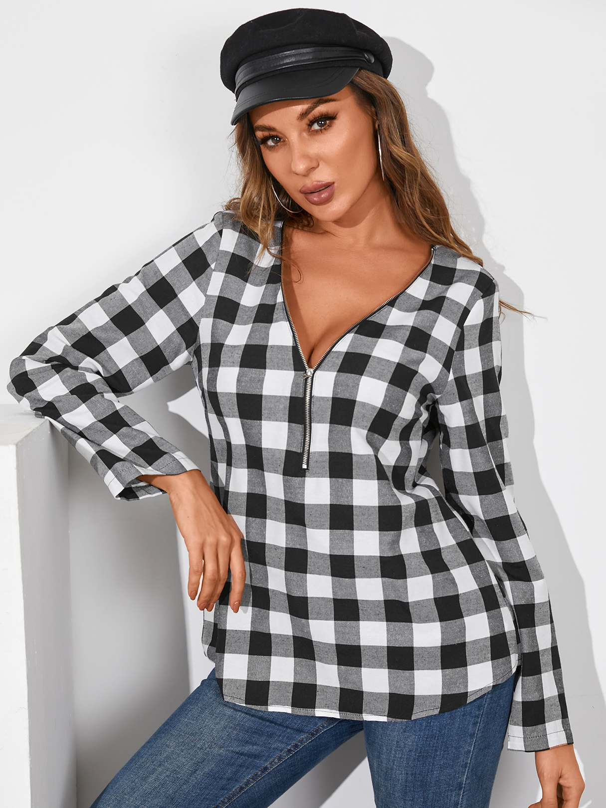 YOINS Plaid Zipper Front V-Ausschnitt Langarm Bluse günstig online kaufen