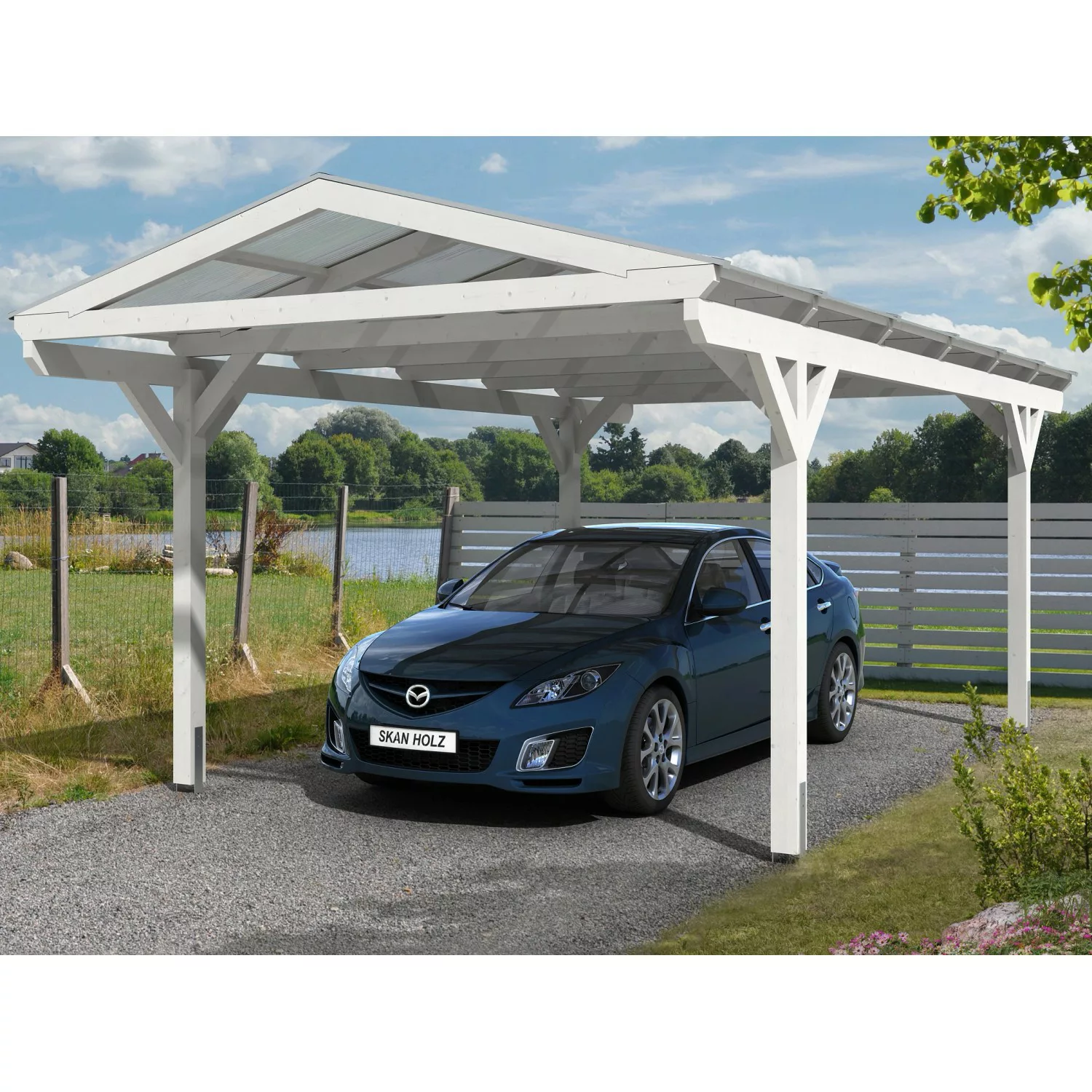 Skan Holz Carport Westerwald 362 cm x 648 cm gerade Kopfbänder Weiß günstig online kaufen