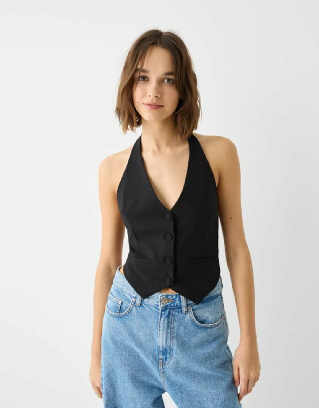 Bershka Tailoring-Weste Mit Neckholder Damen Xs Schwarz günstig online kaufen