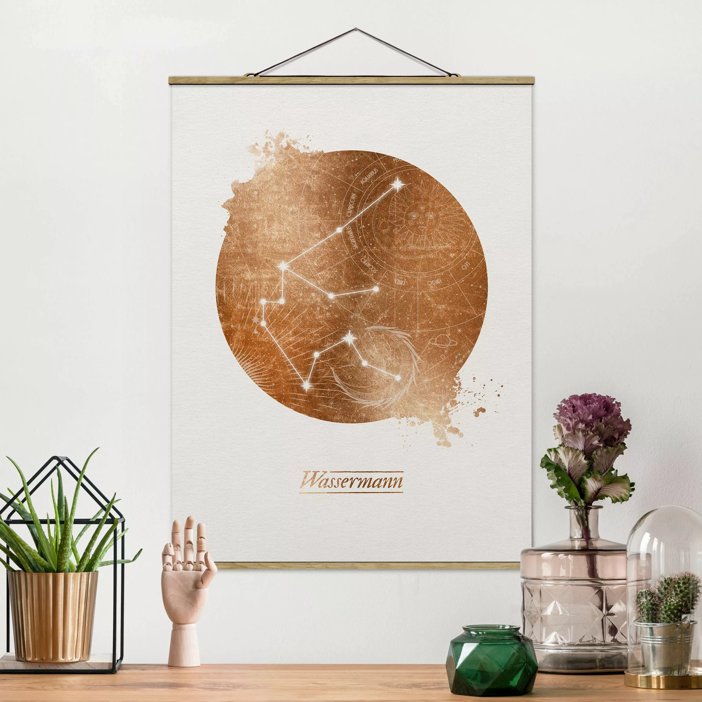 Stoffbild mit Posterleisten - Hochformat Sternzeichen Wassermann Gold günstig online kaufen