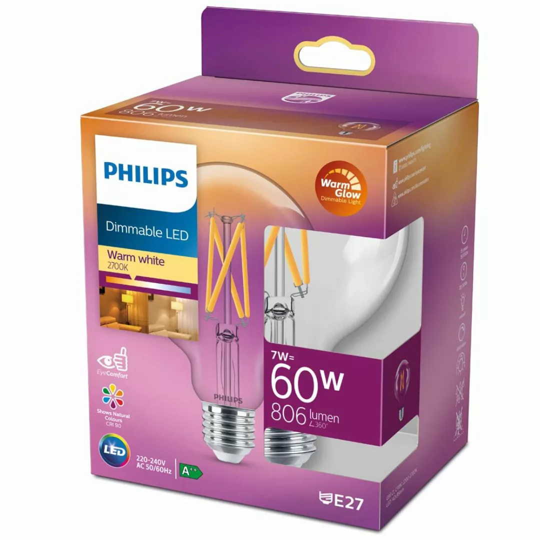 Philips WarmGlow LED Filament Lampe ersetzt 60W E27 Globe - G93 7W 806lm 27 günstig online kaufen