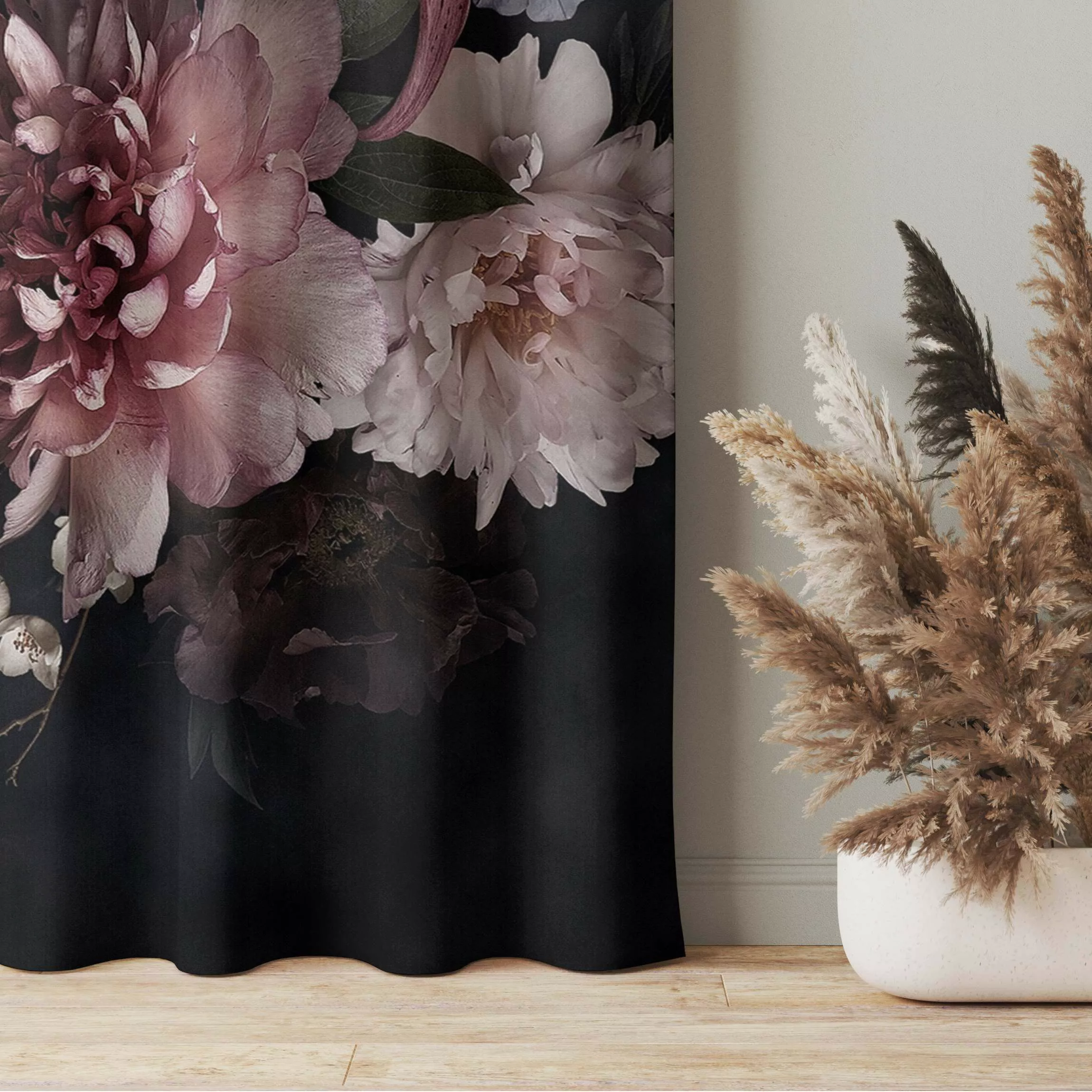 Vorhang Blumen mit Nebel auf Schwarz günstig online kaufen