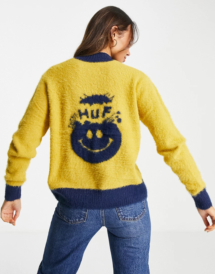 HUF – Oversize-Pullover Intarsien-Gesichtsmotiv-Gelb günstig online kaufen