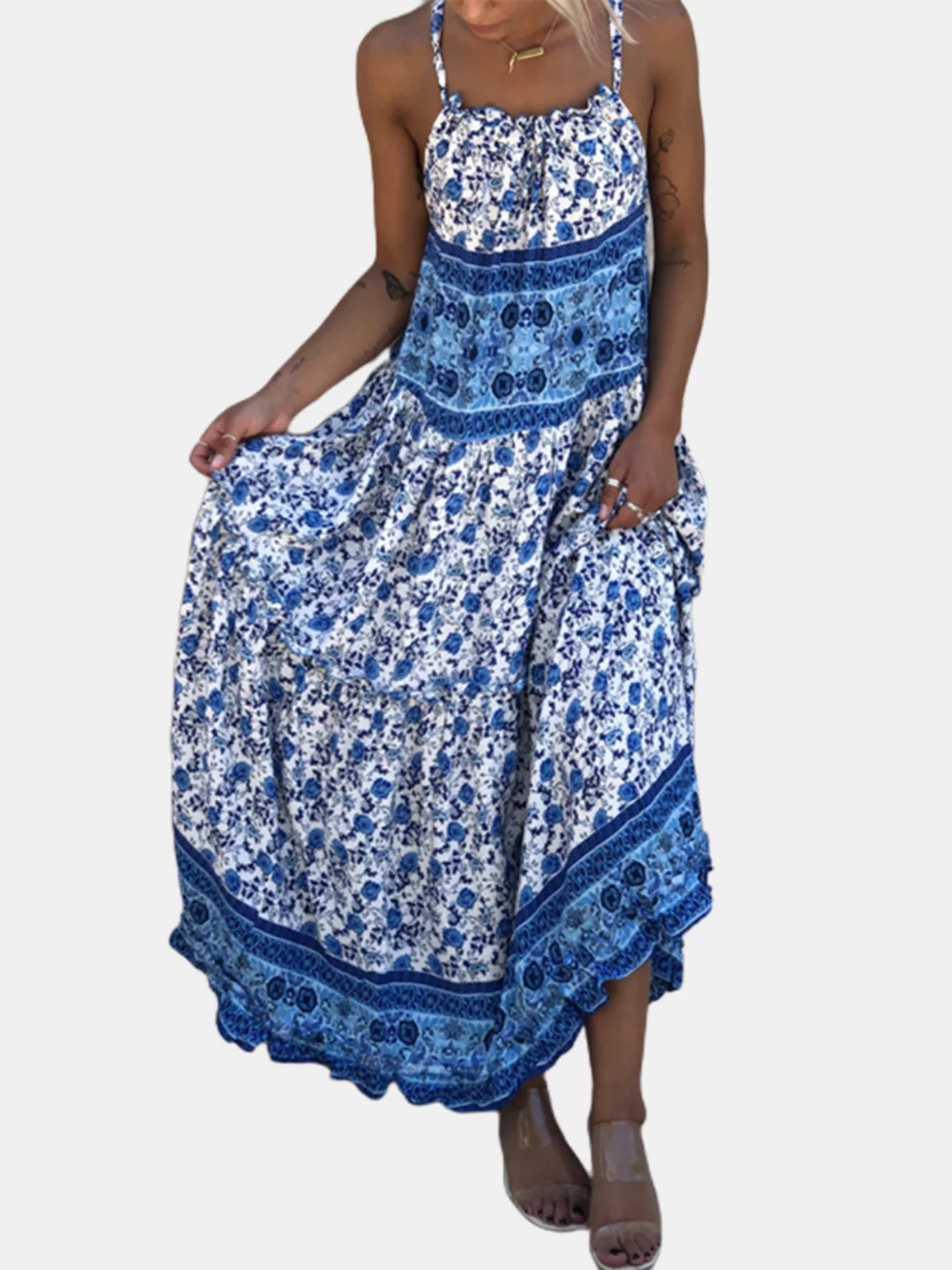 Bohemian Ethnic Floral Print Straps Maxi Kleid Für Damen günstig online kaufen