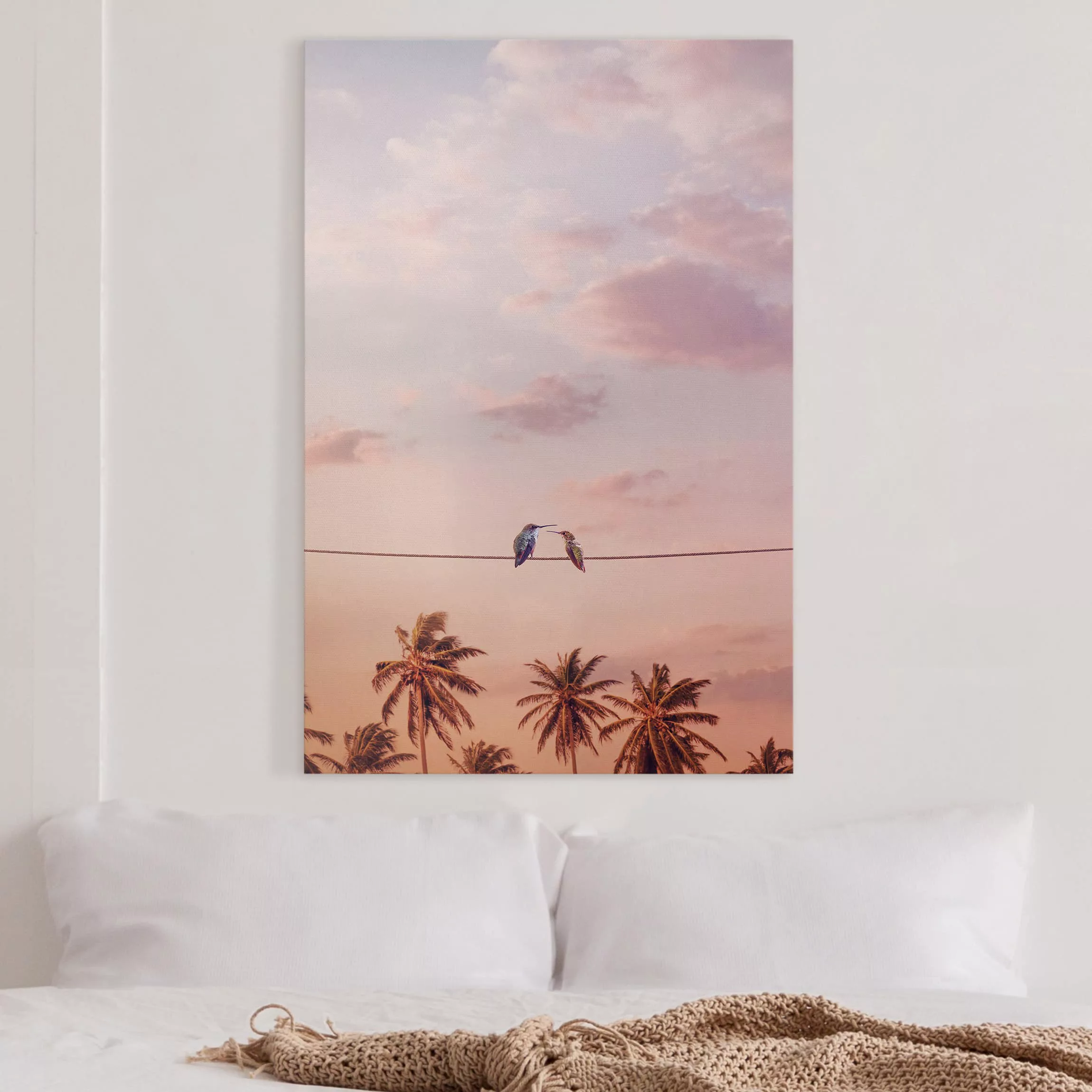 Leinwandbild - Hochformat Sonnenuntergang mit Kolibris günstig online kaufen