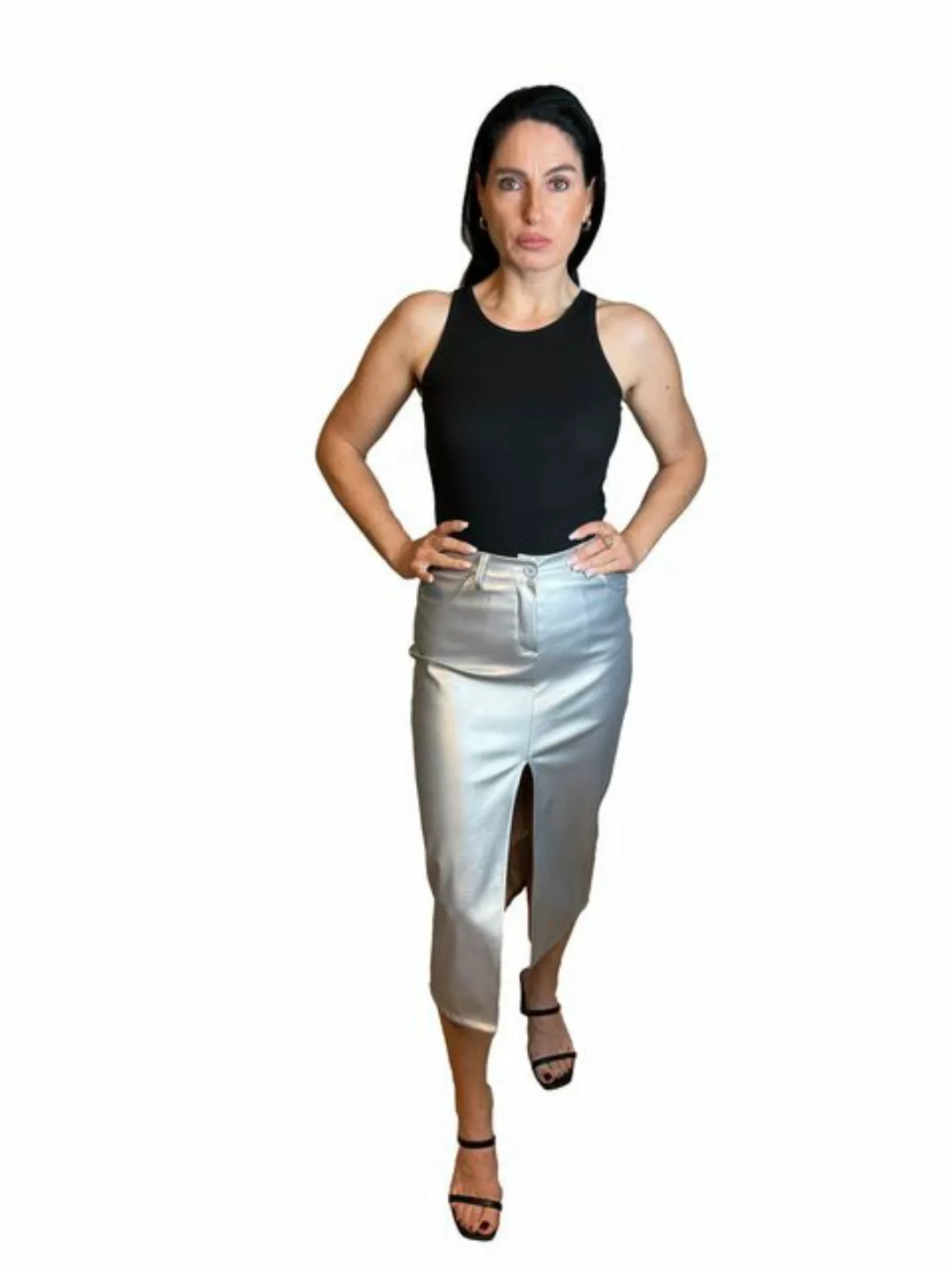 Lelü Fashion Midirock Lederimitatrock in Silbermetallic Beschichtet für ein günstig online kaufen