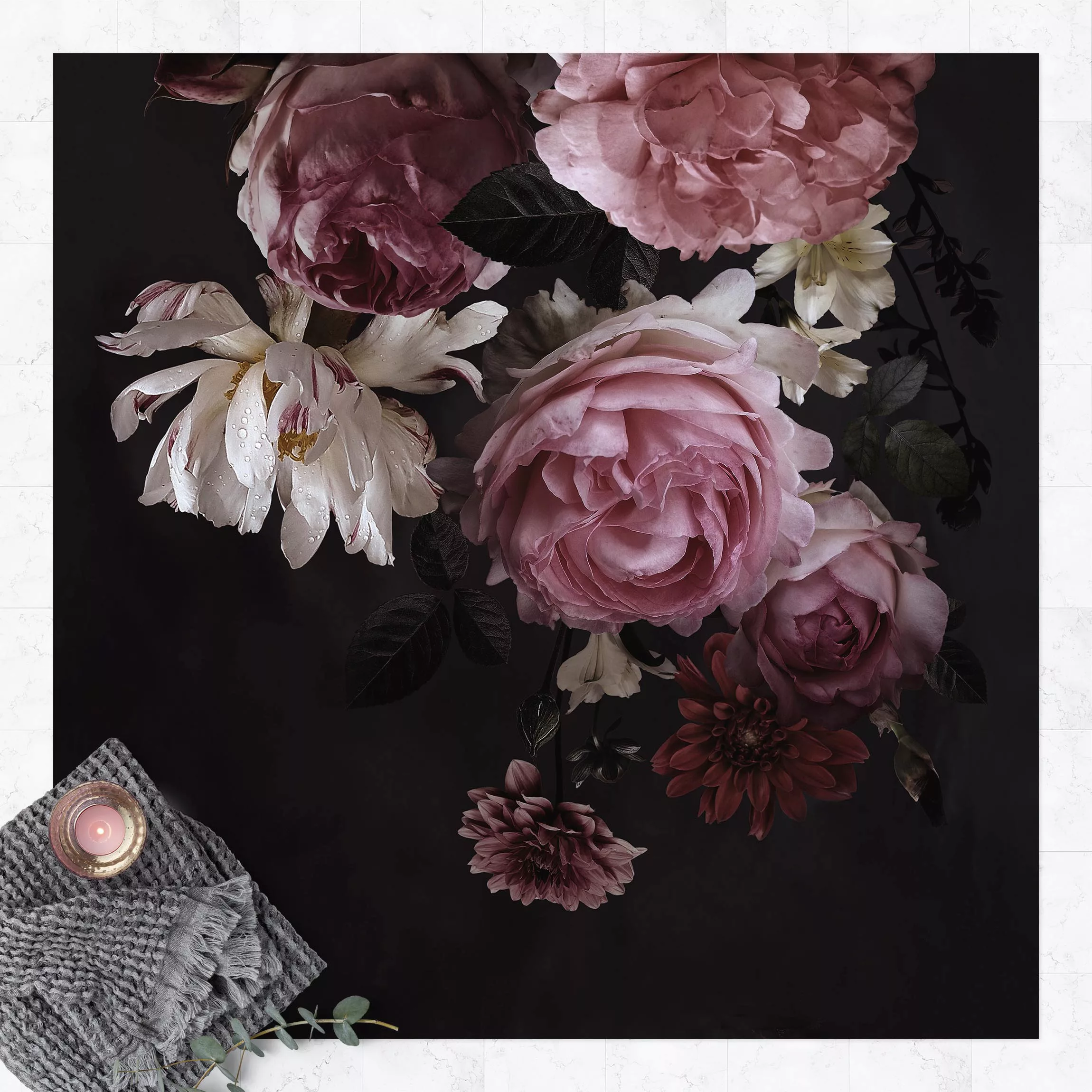 Vinyl-Teppich Rosa Blumen auf Schwarz Vintage günstig online kaufen