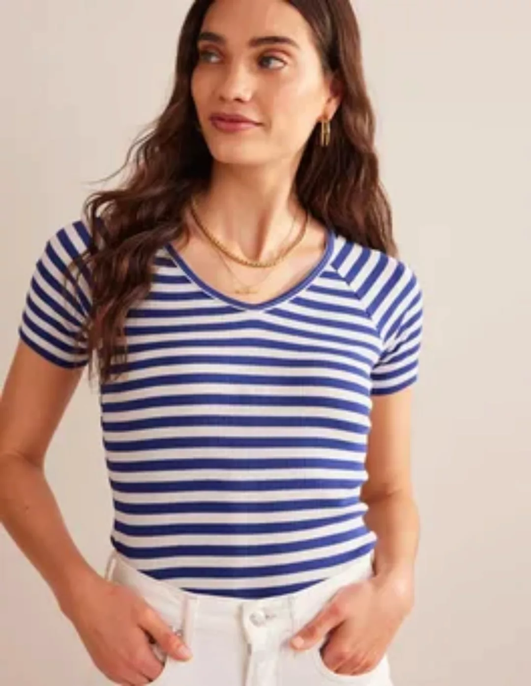 Ada Gestreiftes T-Shirt mit Rippstruktur Damen Boden, Lapisblau, Naturweiß günstig online kaufen
