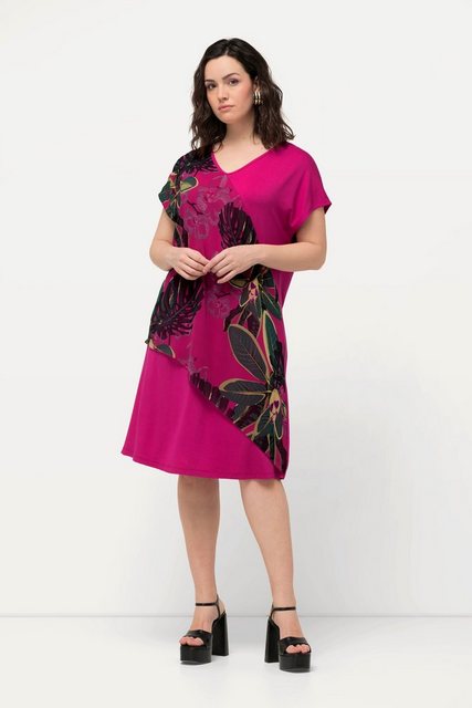 Ulla Popken Minikleid Jerseykleid Chiffon Blüten V-Ausschnitt Halbarm günstig online kaufen