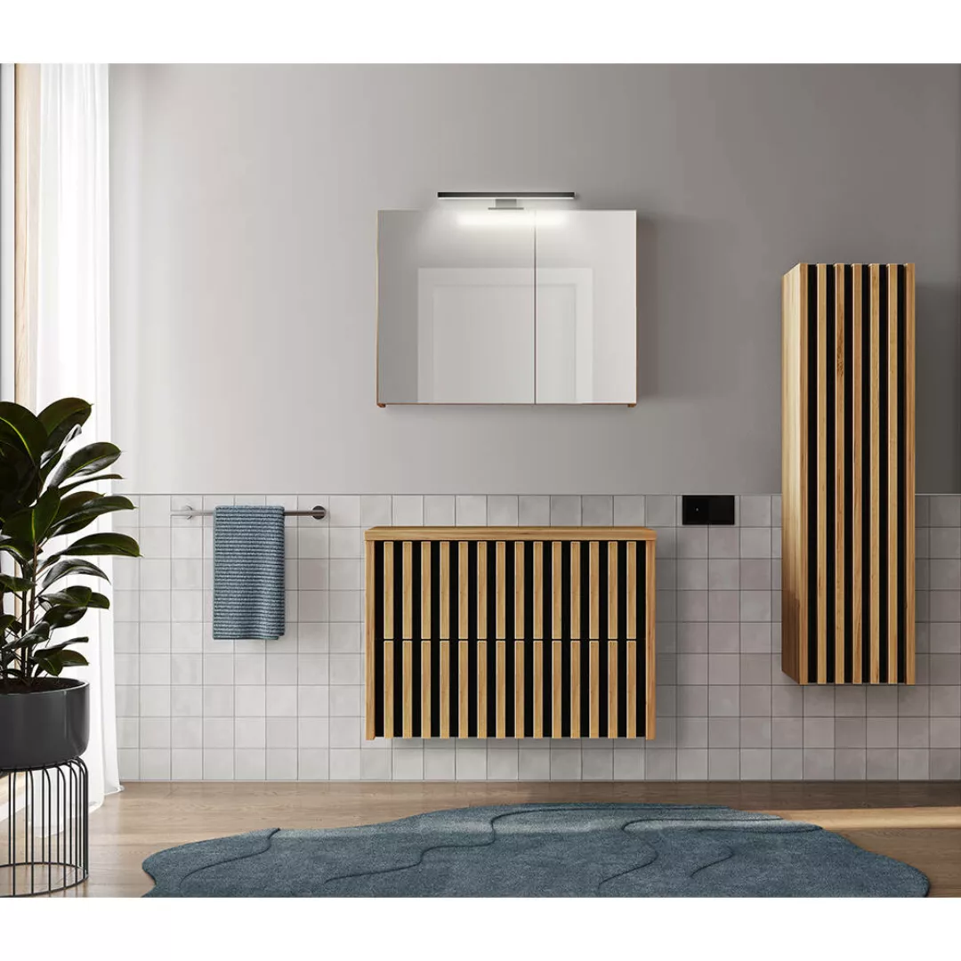 Badmöbel Set in Eiche Nb. mit Lamellenfronten LUCCA-107 LED-Spiegelschrank, günstig online kaufen