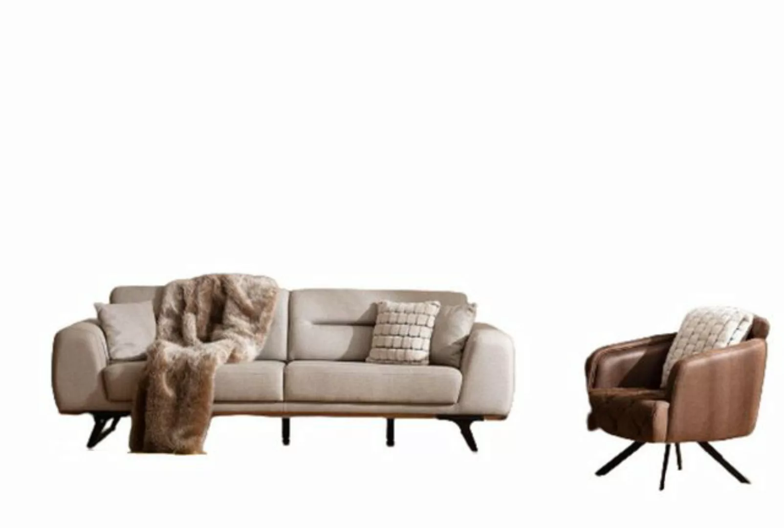 JVmoebel 3-Sitzer Sofagarnitur Klassischе Stoffsofa Dreisitzer Sessel Beige günstig online kaufen