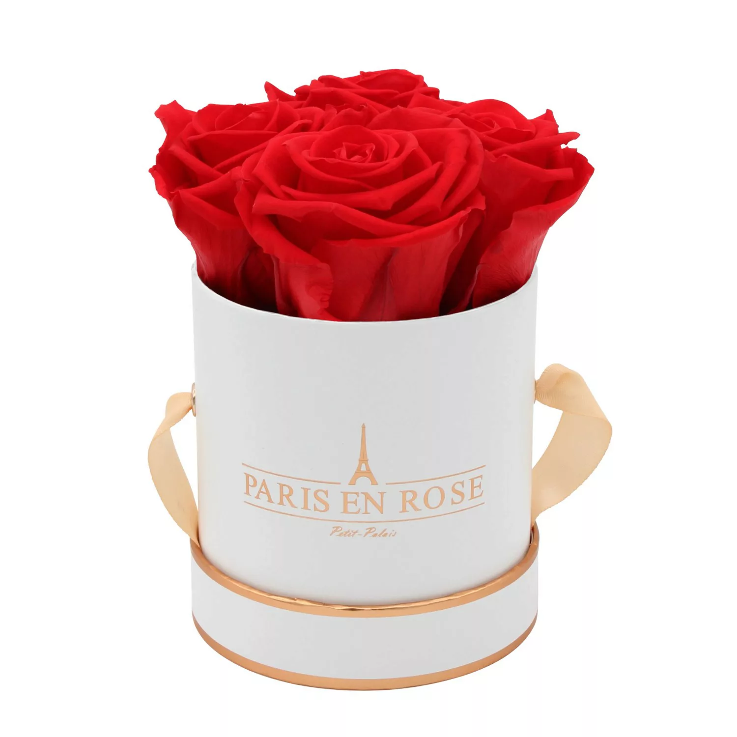 Rosenbox Ø 10 cm Weiß-Roségold mit 4 Roten Rosen günstig online kaufen