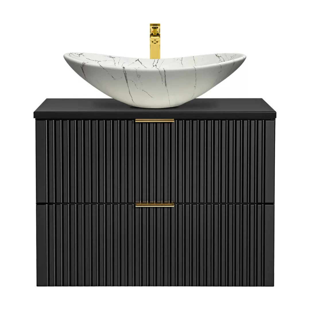 Badezimmer Waschtisch, 81cm, matt schwarz gerillt mit Keramik-Waschbecken w günstig online kaufen