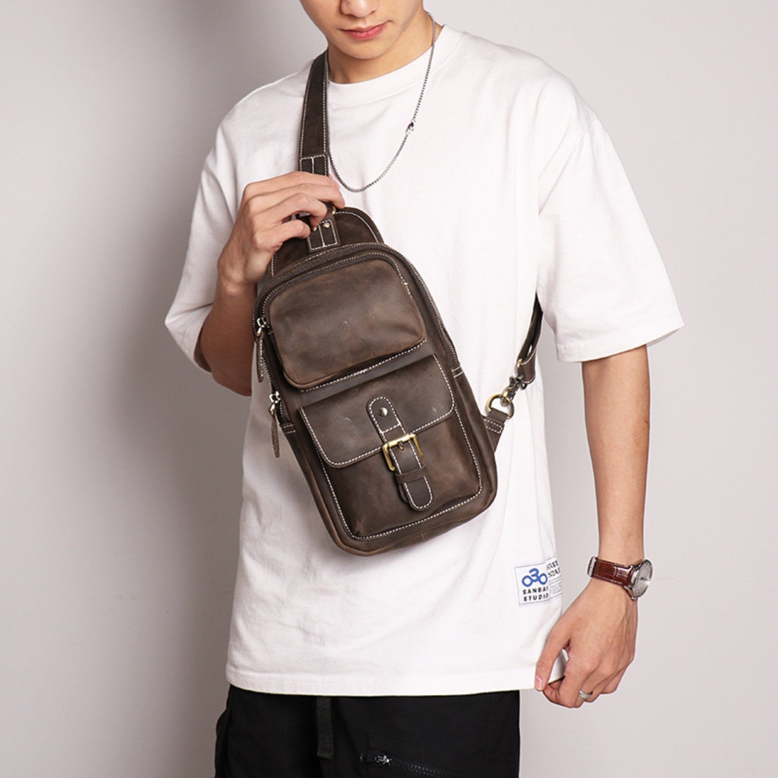 YUBRO-STUDIO Messenger Bag Herren Leder Brusttasche günstig online kaufen