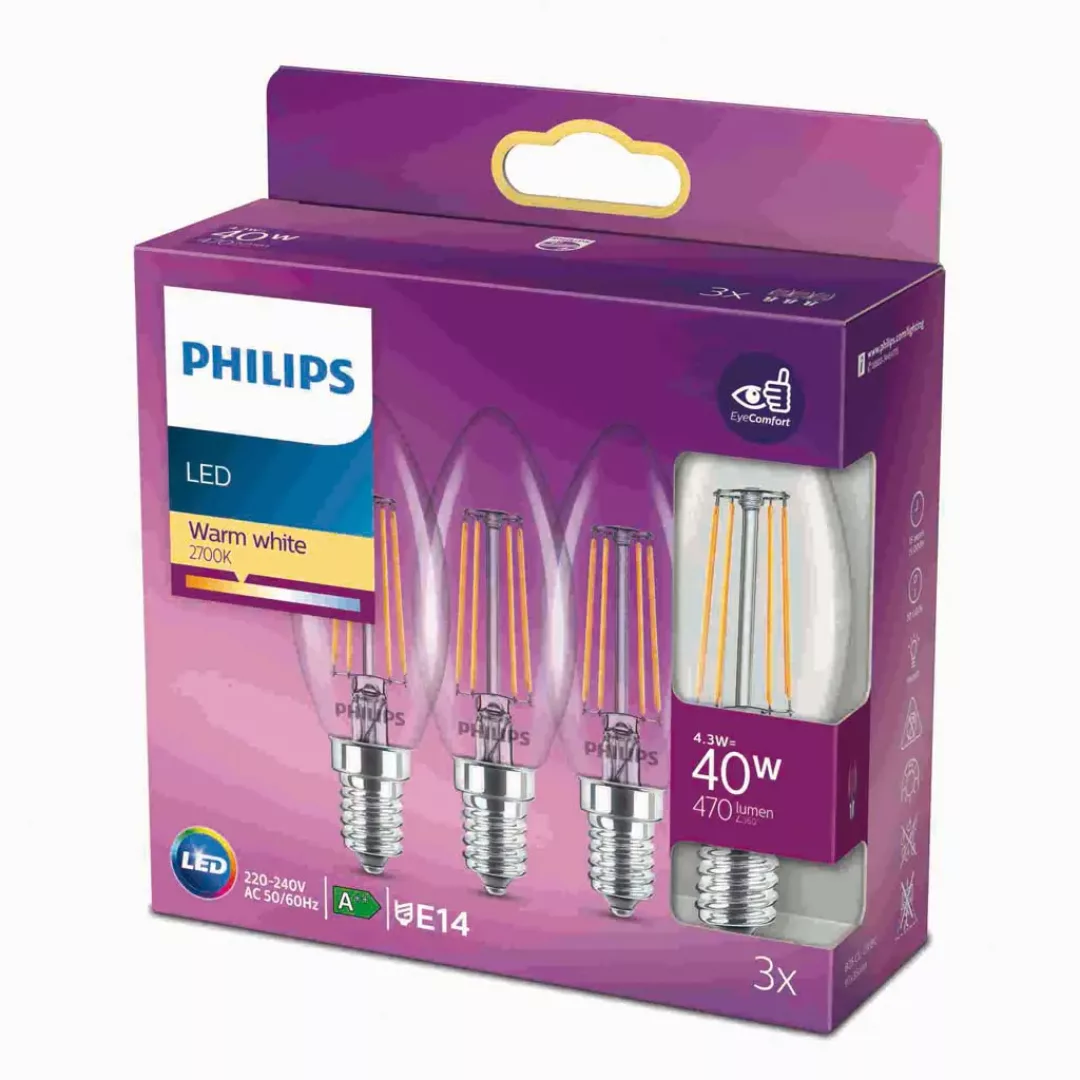 Philips LED-Kerzenlampe E14 B35 4,3W klar 3er-Pack günstig online kaufen
