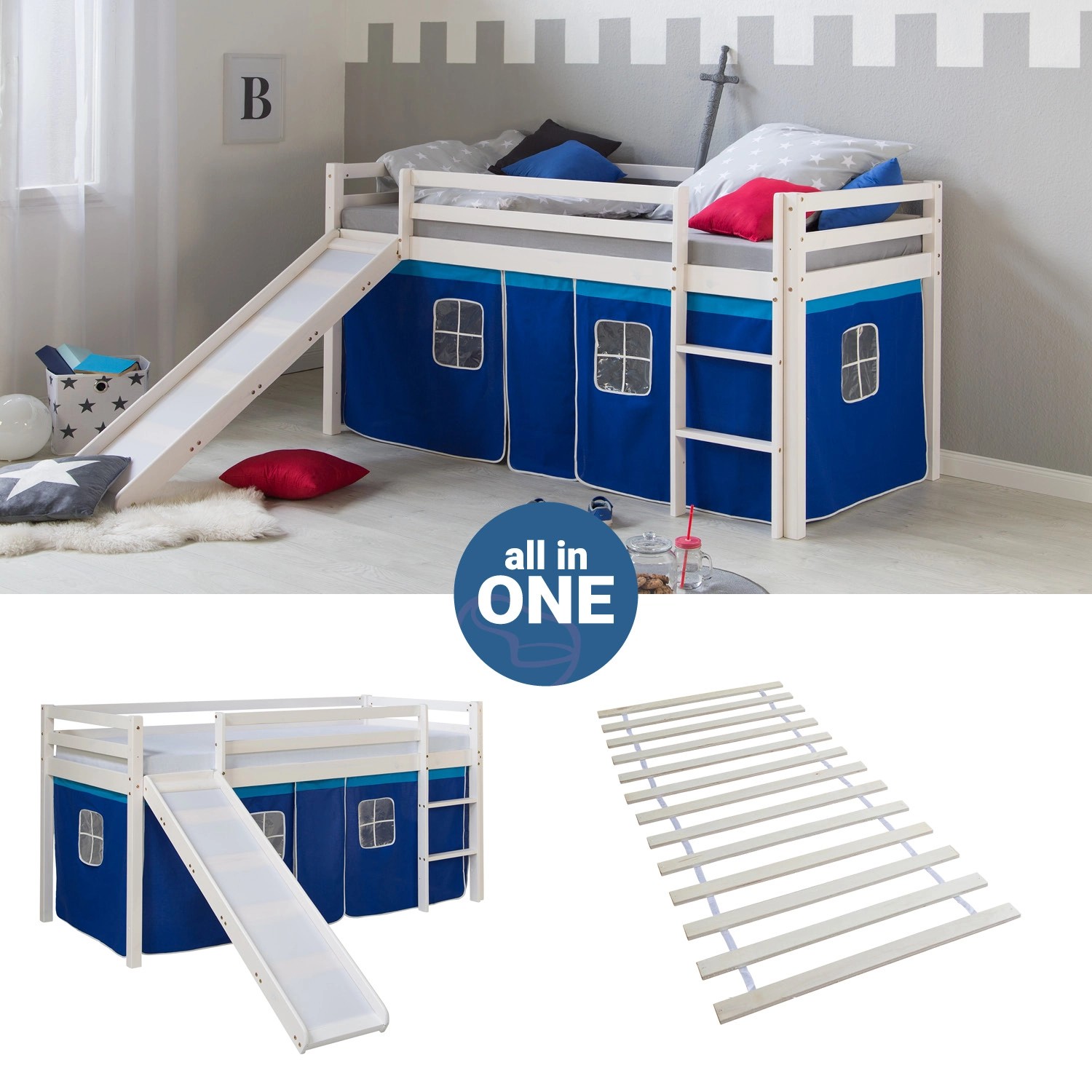 Homestyle4u Hochbett 90x200 mit Vorhang Lattenrost Matratze Rutsche in Weiß günstig online kaufen