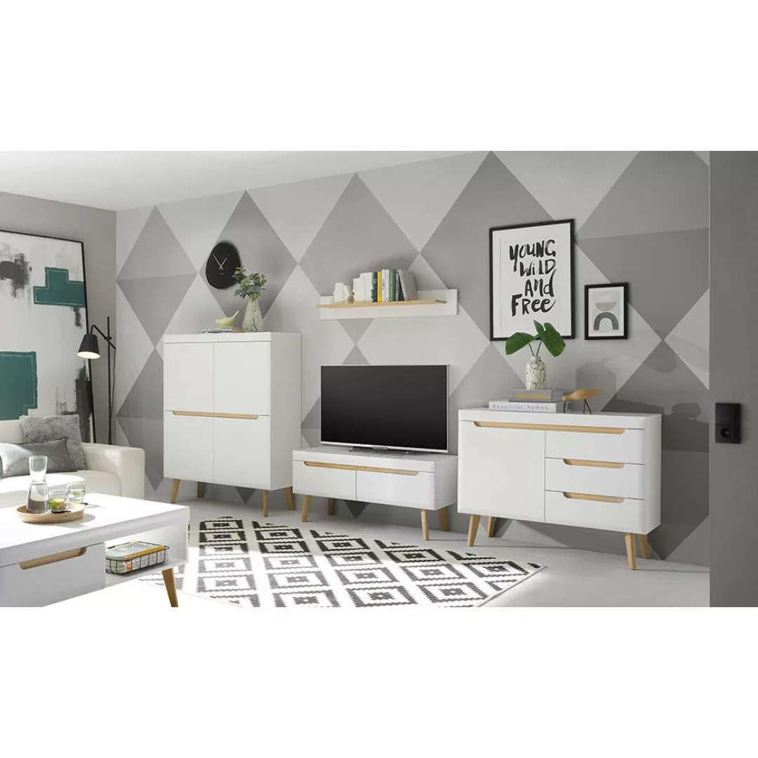Wohnzimmer Set in Weiß Matt mit Eiche STOCKTON-61, 5-teilig inkl. Couchtisc günstig online kaufen
