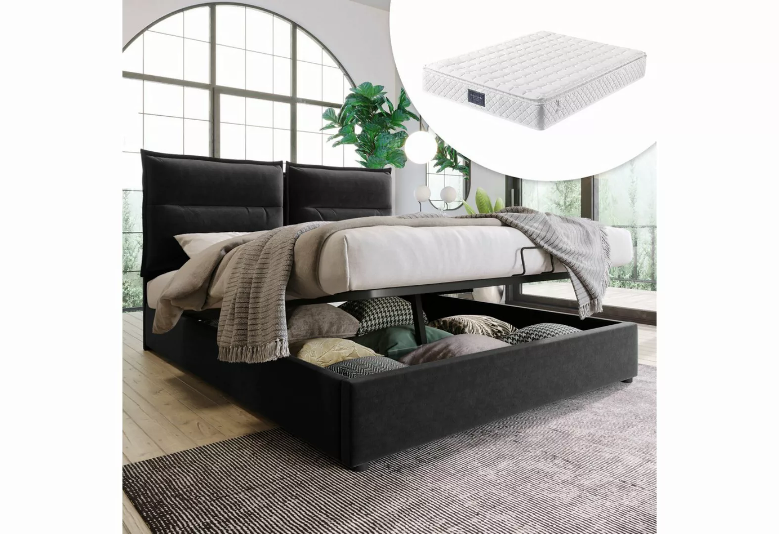 Gotagee Polsterbett Doppelbett 140x200 Bettgestell Stauraum Jugend Schwarz günstig online kaufen