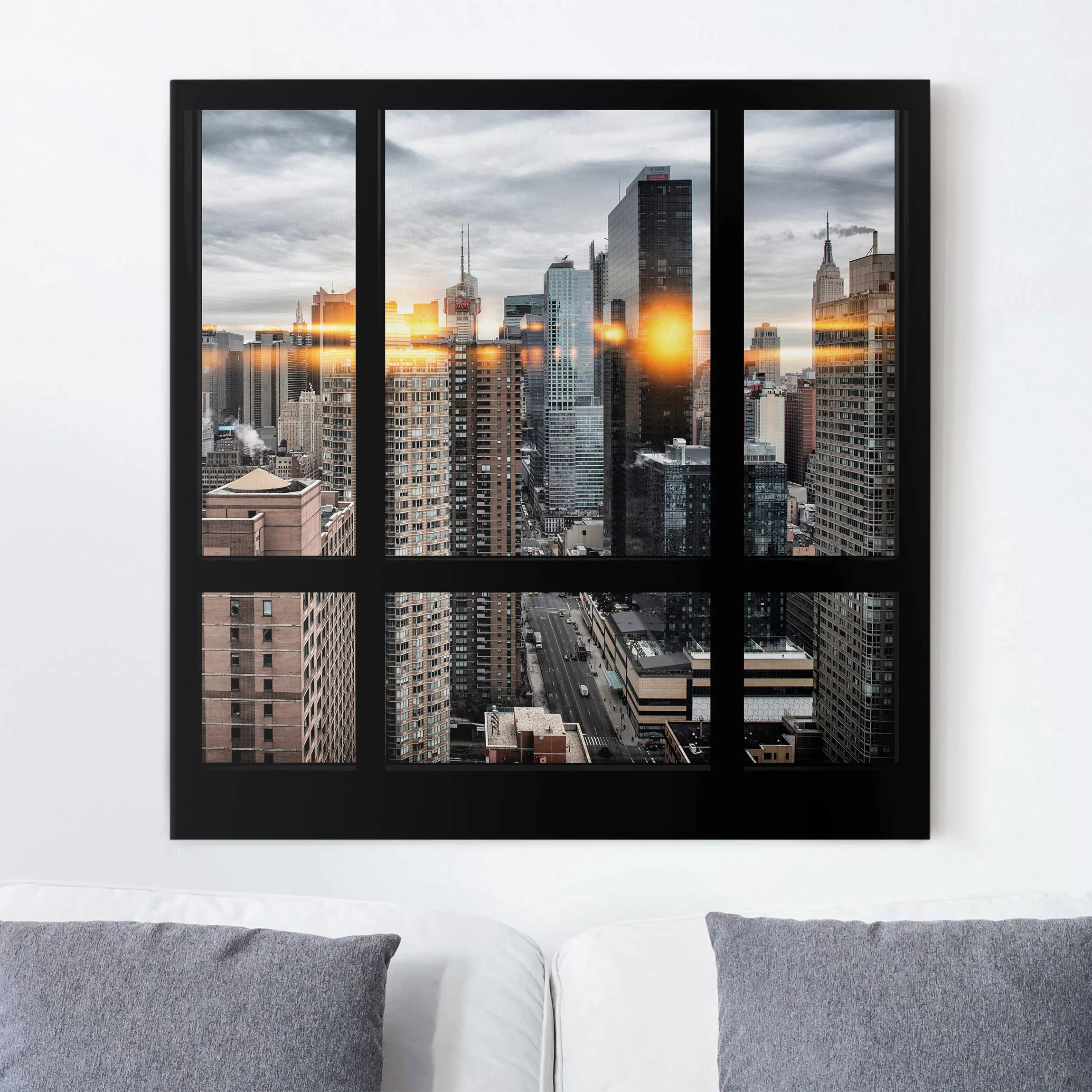 Leinwandbild New York - Quadrat Fensterblick New York mit Sonnen-Reflexion günstig online kaufen