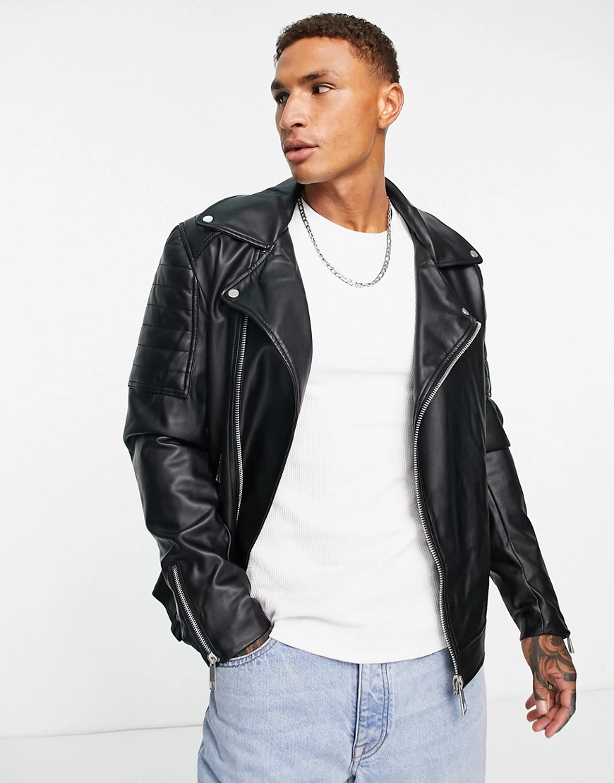 ASOS DESIGN – Schwarze Bikerjacke aus Kunstleder günstig online kaufen