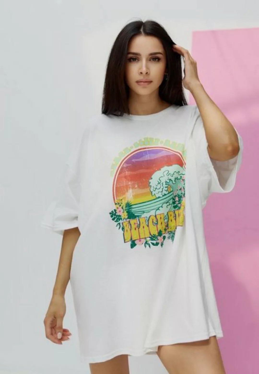 Worldclassca T-Shirt Worldclassca Oversized BEACH BUM Print T-Shirt lang So günstig online kaufen
