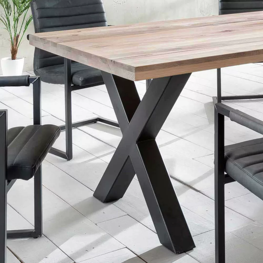 Tisch Massivholz Wildeiche in Holz gekälkt und Schwarz X Füßen günstig online kaufen