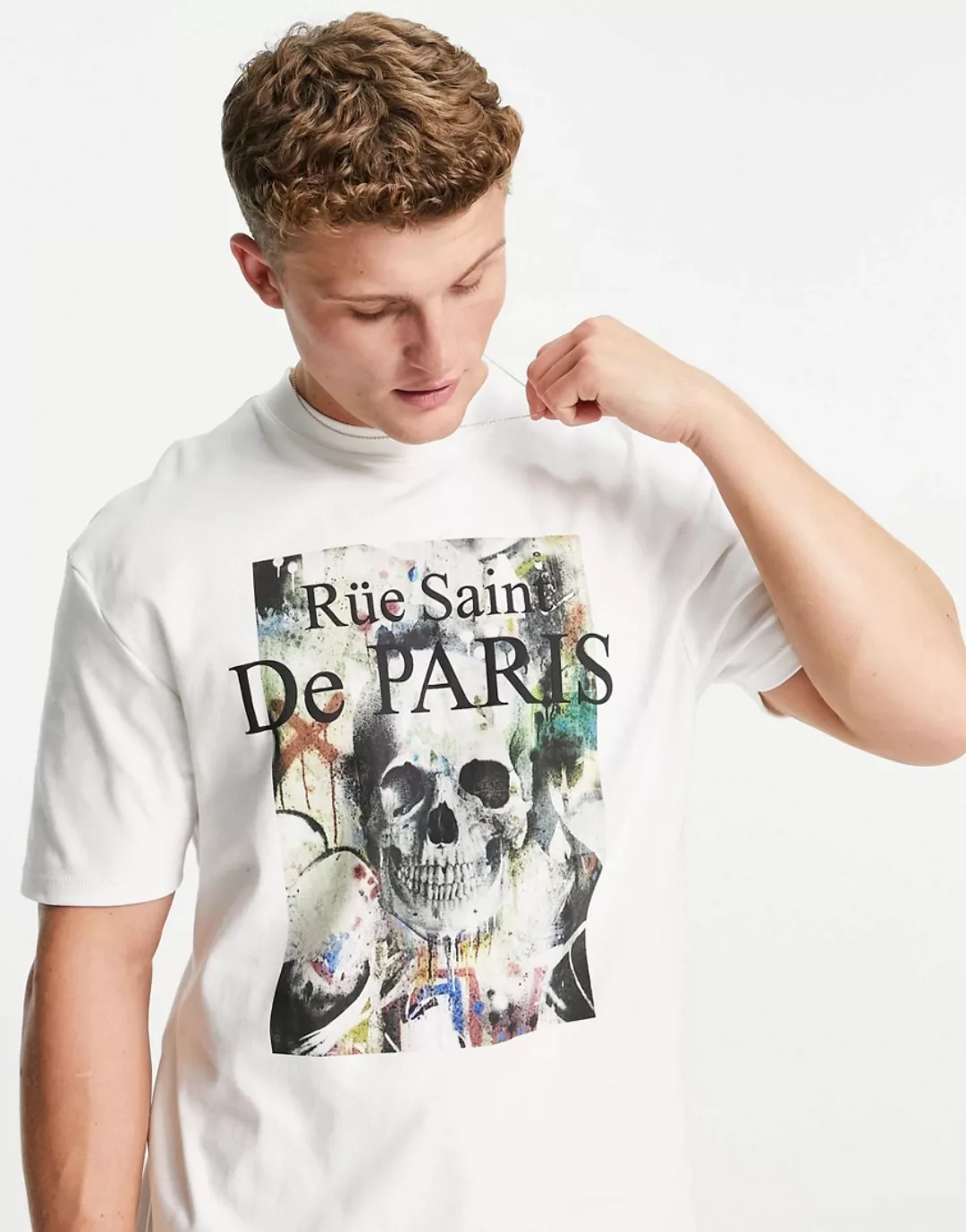 River Island – Kastiges T-Shirt in Weiß mit abstraktem Totenkopf-Print günstig online kaufen