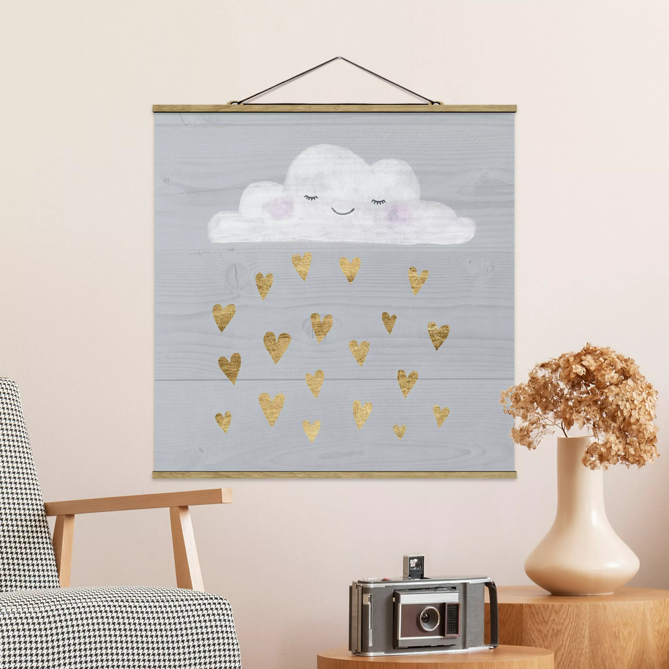 Stoffbild Kinderzimmer mit Posterleisten - Quadrat Wolke mit goldenen Herze günstig online kaufen
