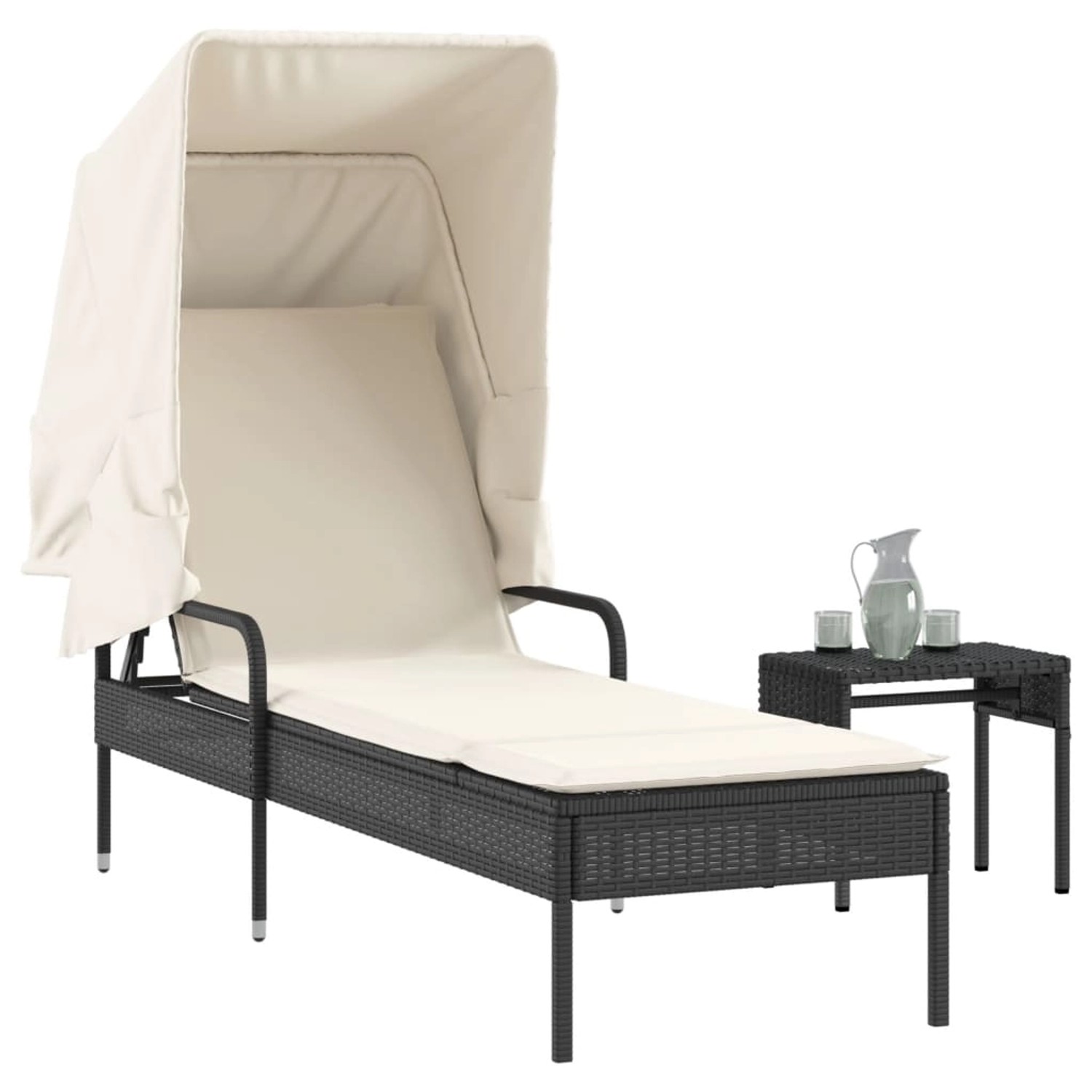 vidaXL Sonnenliege mit Dach und Tisch Schwarz Poly Rattan günstig online kaufen