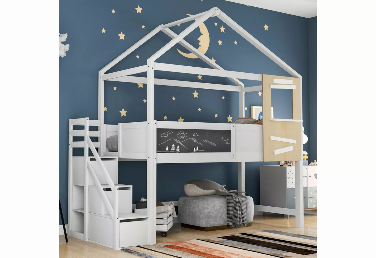 DOPWii Einzelbett 200x90cm Hausbett,Kinderbett,mit Treppe und Fenster,Latte günstig online kaufen