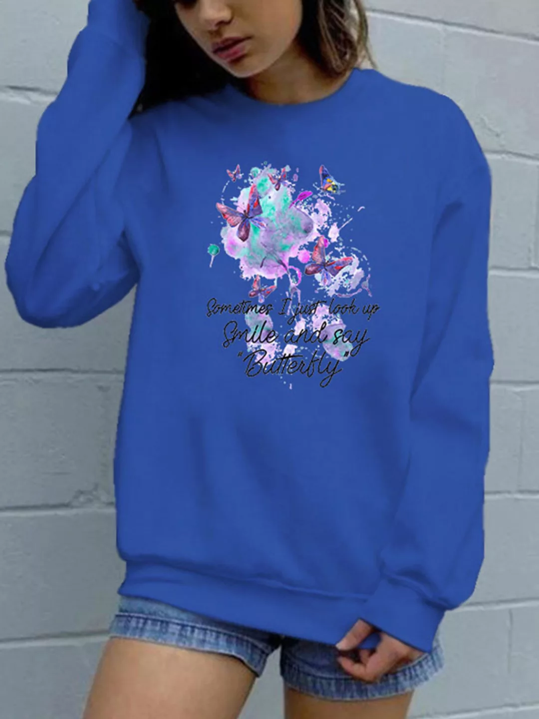 Schmetterlingsbuchstaben Gedrucktes Langarm-Sweatshirt mit O-Ausschnitt für günstig online kaufen