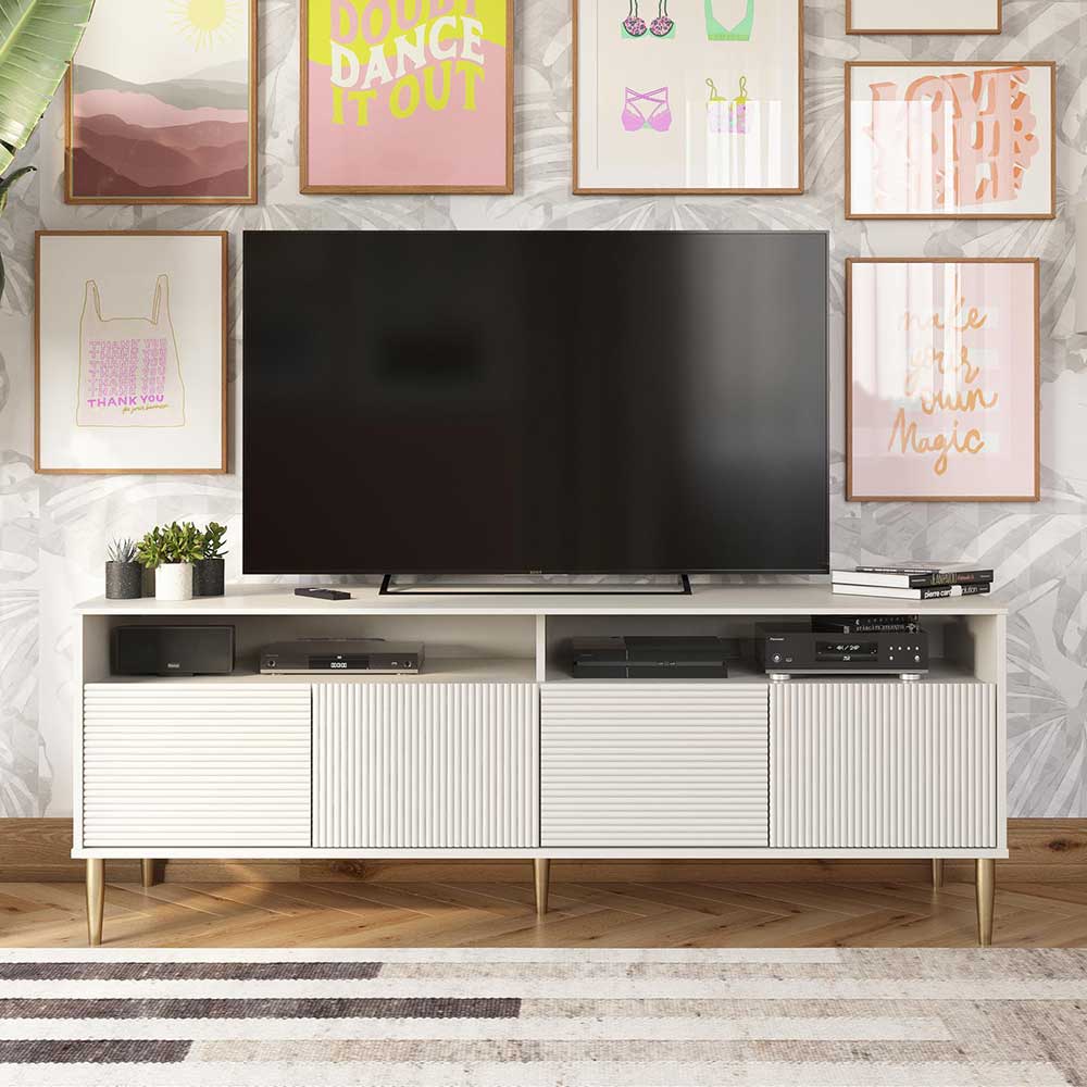 TV Board im Skandi Design Taupe und Goldfarben günstig online kaufen