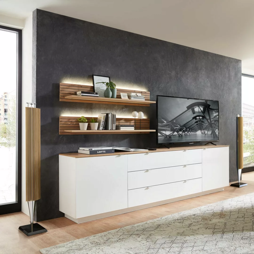 TV Sideboard Set mit Wandregalen Fernsehschrank weiß mit Eiche, Breite 240 günstig online kaufen