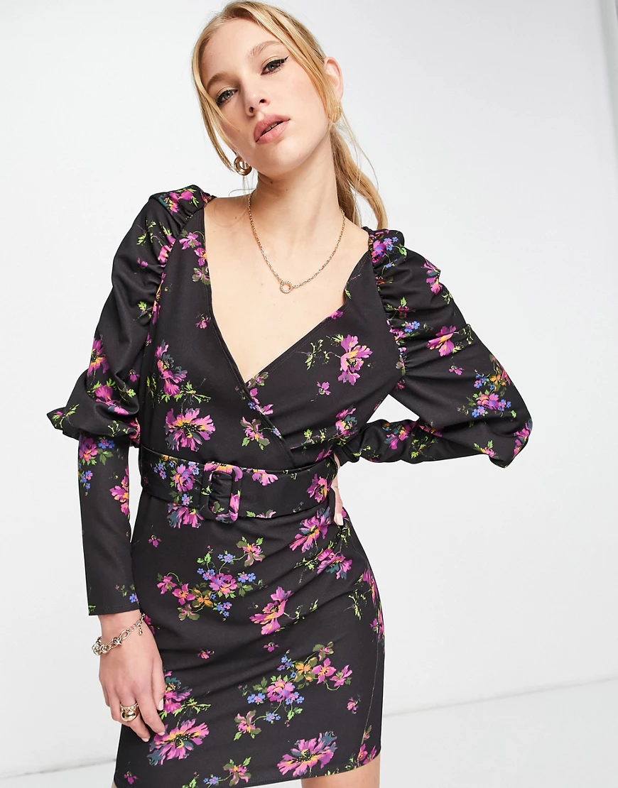 ASOS DESIGN – Minikleid mit Blümchenmuster in Tiefschwarz, Puffärmeln und G günstig online kaufen