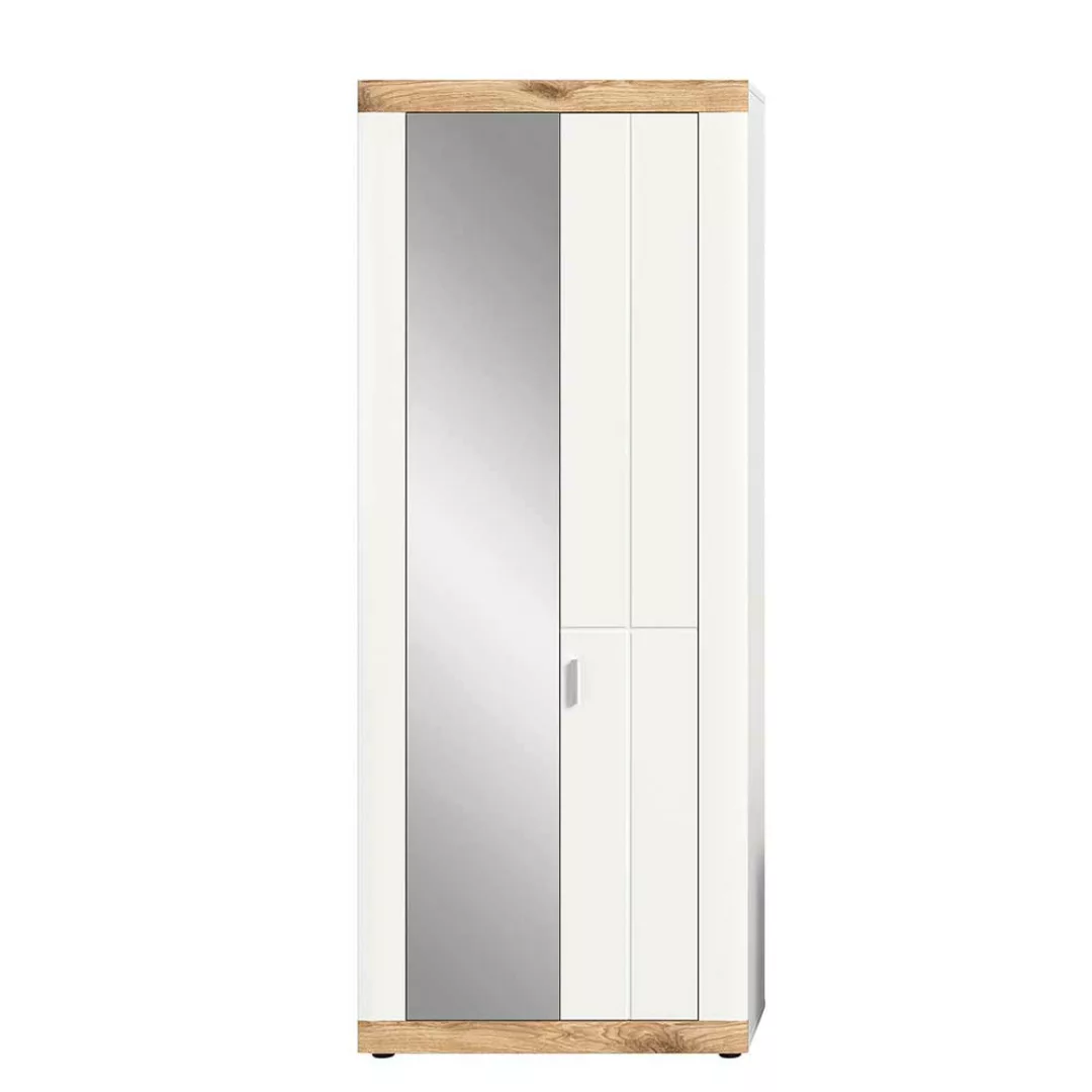 Flurschrank mit Spiegel in Weiß und Wildeiche Holzoptik 193 cm hoch günstig online kaufen
