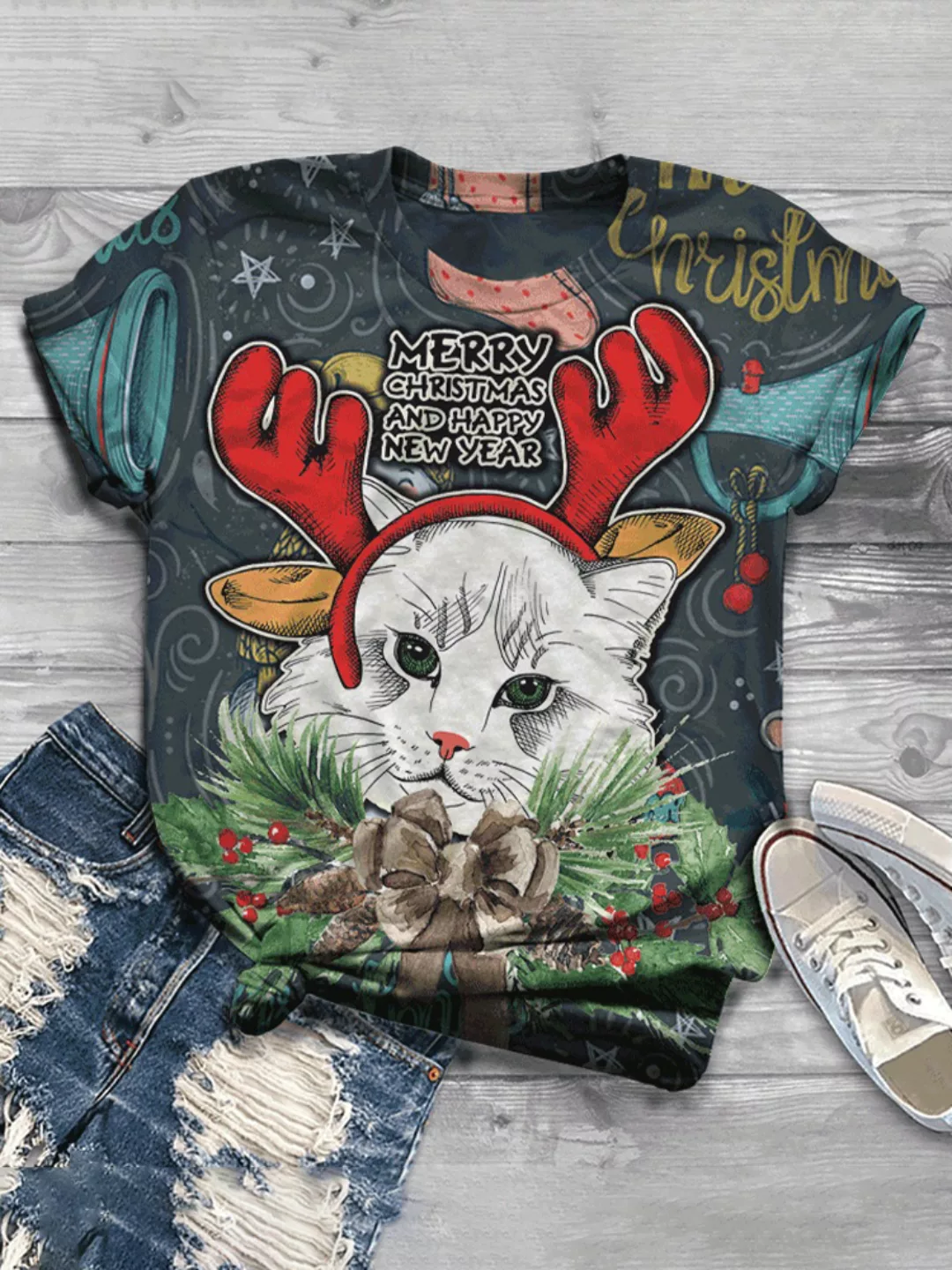 Cartoon Katze Bedrucktes Langarm-T-Shirt mit O-Ausschnitt und O-Ausschnitt günstig online kaufen