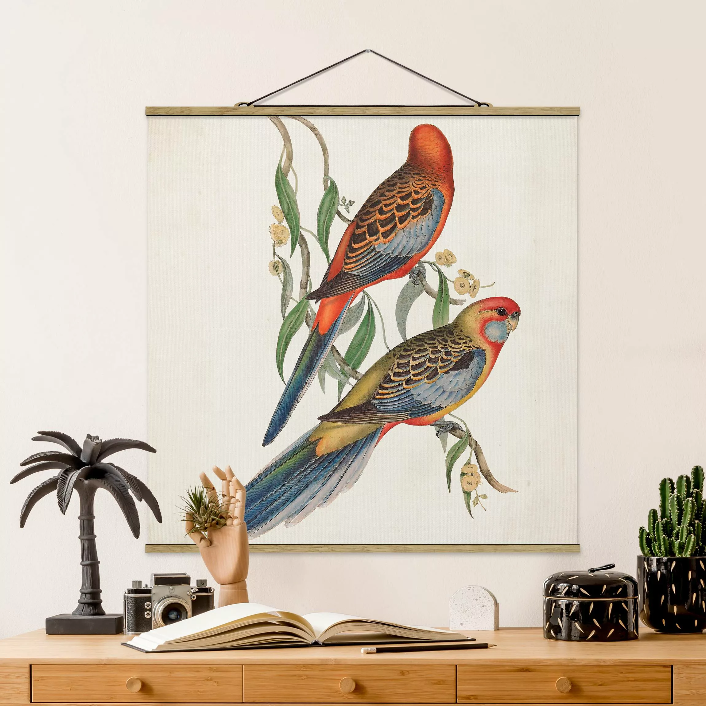 Stoffbild Tiere mit Posterleisten - Quadrat Tropische Papageien II günstig online kaufen