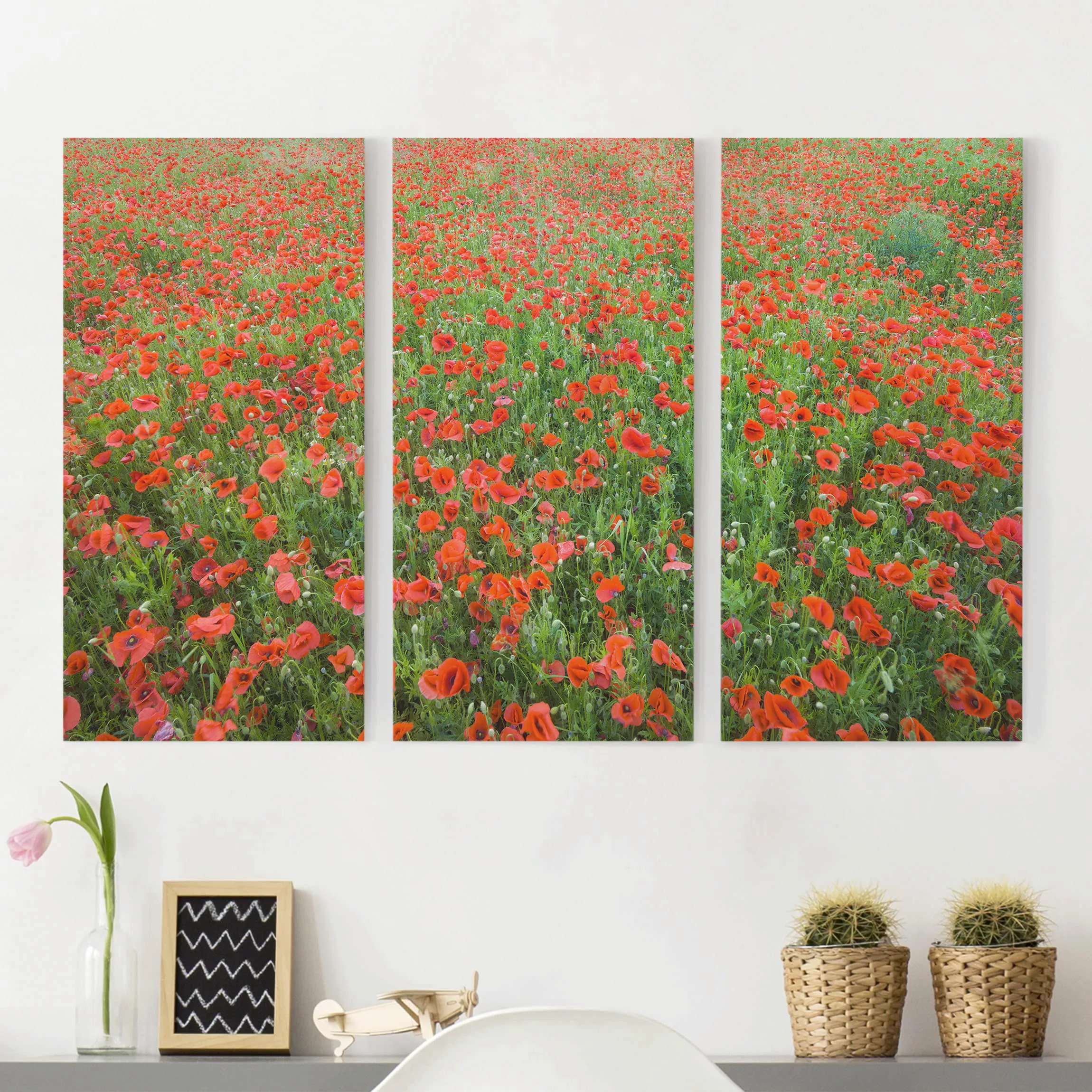 3-teiliges Leinwandbild Blumen - Querformat Mohnblumenfeld günstig online kaufen