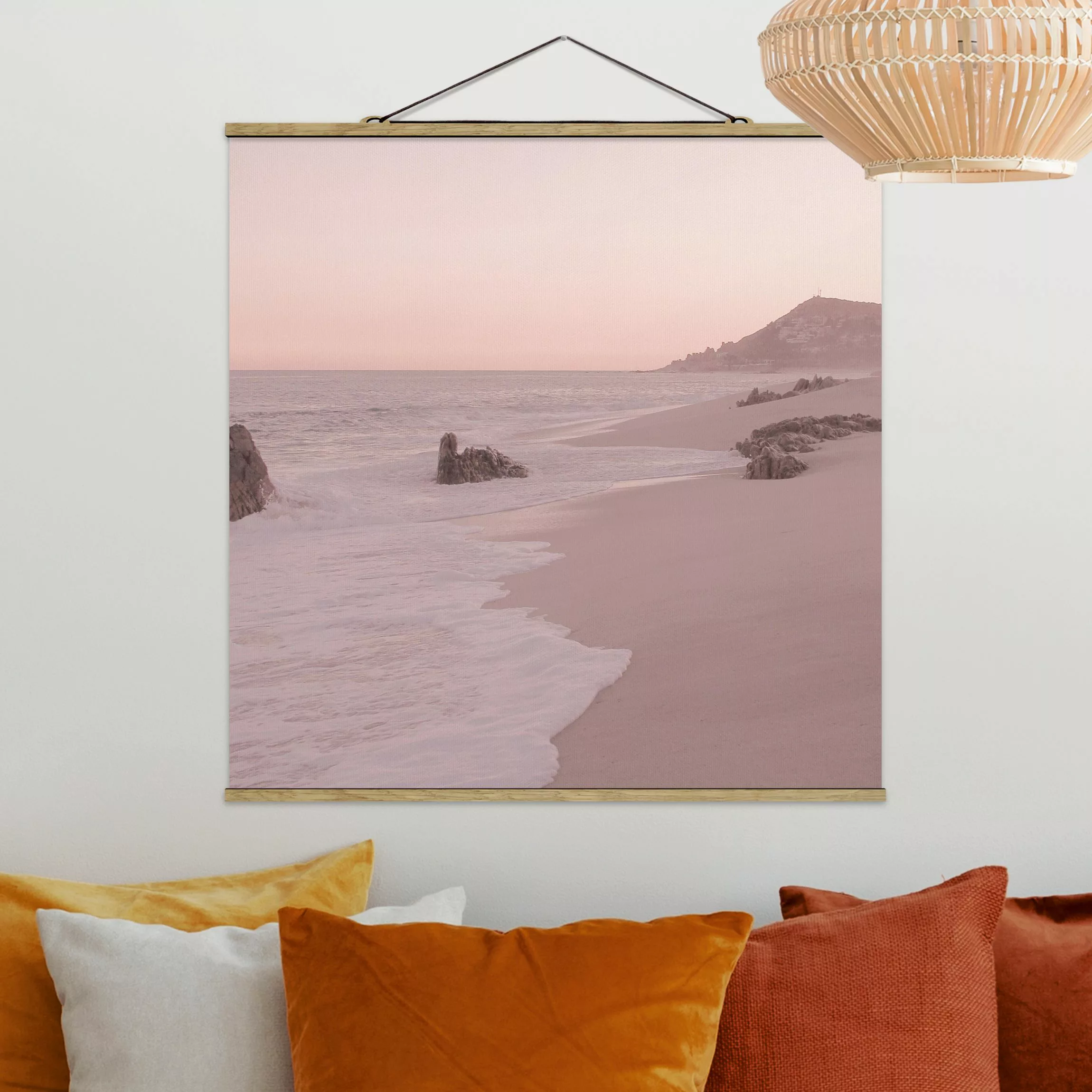 Stoffbild mit Posterleisten Roségoldener Strand günstig online kaufen