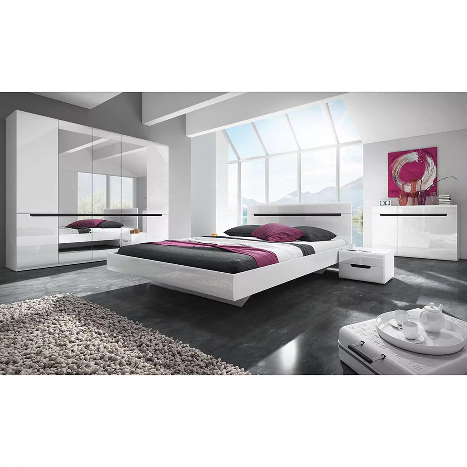 Schlafzimmer Komplett Set mit 160cm Bett in weiß mit weiß Hochglanz und sch günstig online kaufen