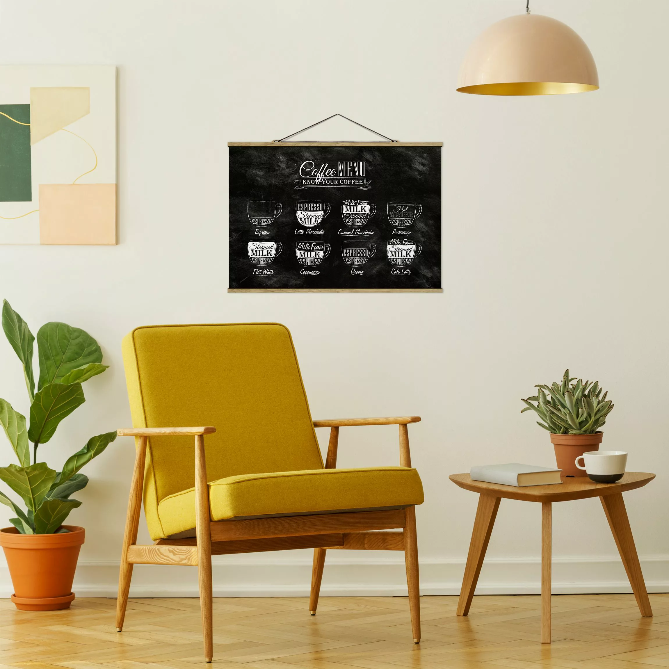Stoffbild Spruch mit Posterleisten - Querformat Kaffeesorten Kreidetafel günstig online kaufen