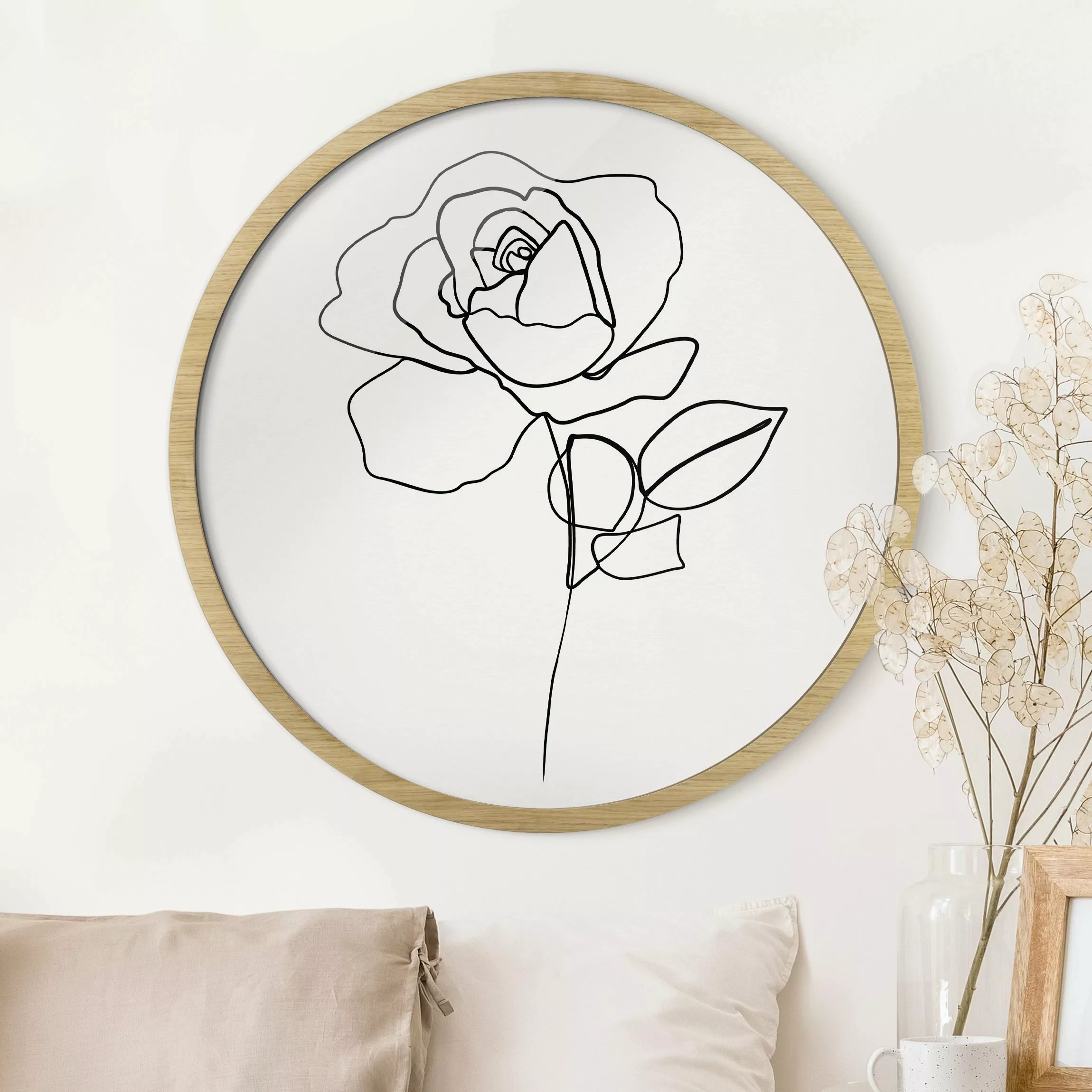 Rundes Gerahmtes Bild Line Art Rose Schwarz Weiß günstig online kaufen